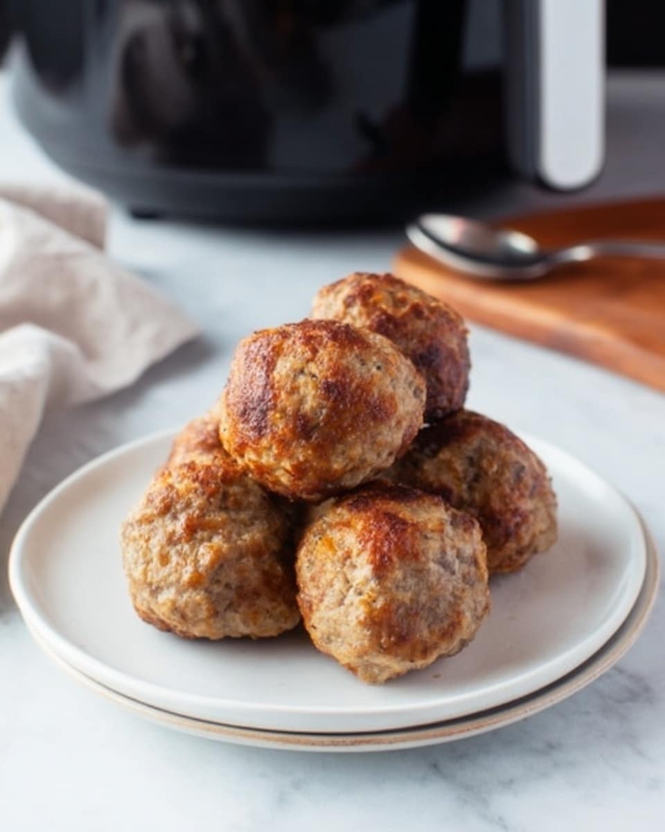 The image shows five golden-brown meatballs stacked in a small pile on a simple, white plate. The meatballs have a slightly rough texture with some darker browned spots, indicating they are cooked well with a crispy outside. The white plate is on a white marbled surface, and a silver spoon lies beside it. In the background, there is a black air fryer partially visible. photo taken with an iphone --ar 4:5 --v 7