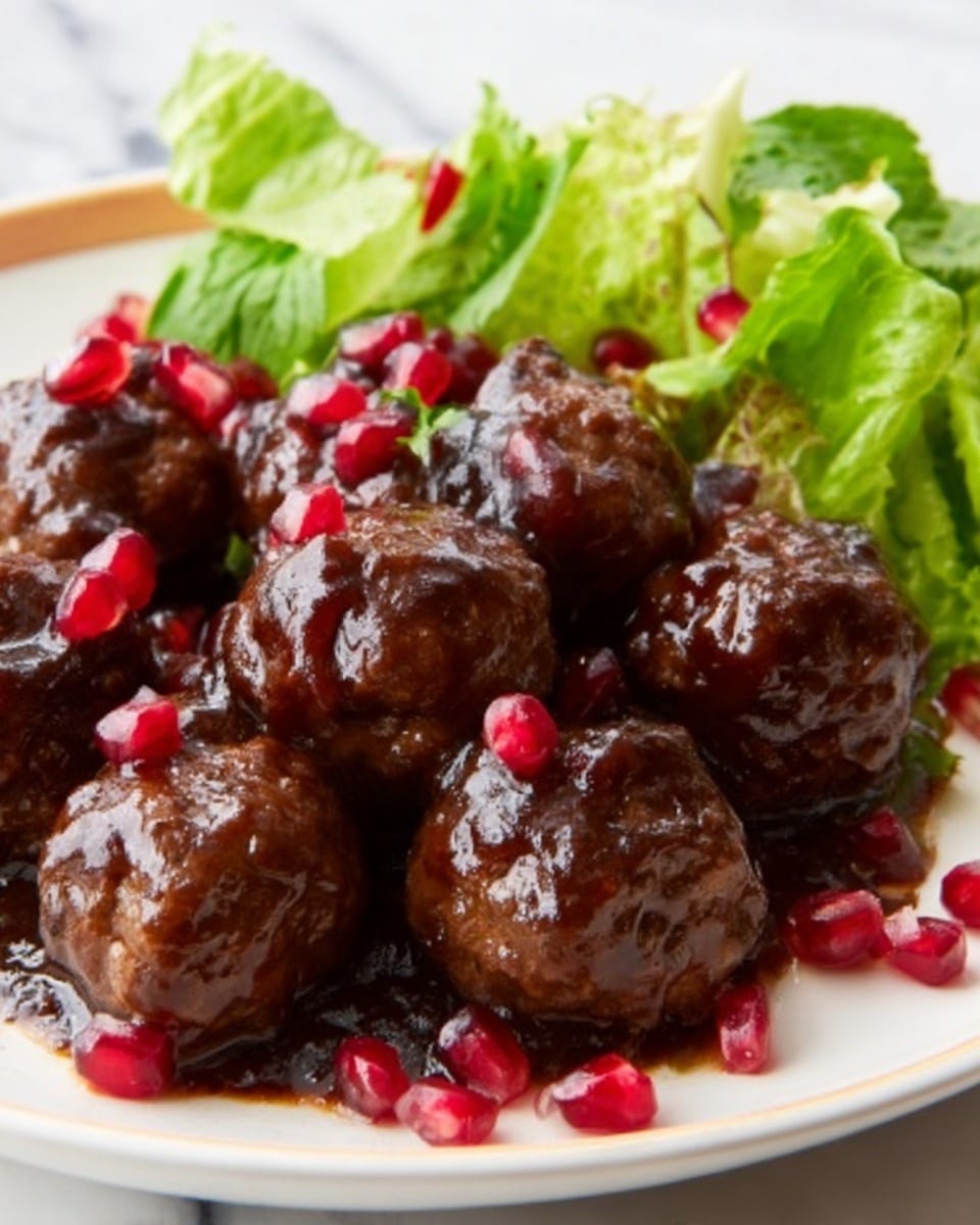 The image shows a white plate with a group of dark brown meatballs covered in a shiny, thick sauce. Each meatball is topped with bright red pomegranate seeds scattered around, adding a fresh pop of color. On the right side of the plate, there is a small bunch of crisp, green lettuce leaves that add contrast to the rich color of the meatballs. The plate sits on a white marbled surface. photo taken with an iphone --ar 4:5 --v 7