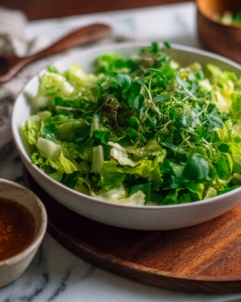 A white bowl filled with a fresh, green salad made of chopped lettuce leaves. The lettuce is bright and crisp, showing different shades of green, with some pieces slightly curled. The bowl sits on a wooden board with a small, dark-colored bowl next to it, both placed on a white marbled surface. A blurred background shows some herbs out of focus. Photo taken with an iphone --ar 4:5 --v 7