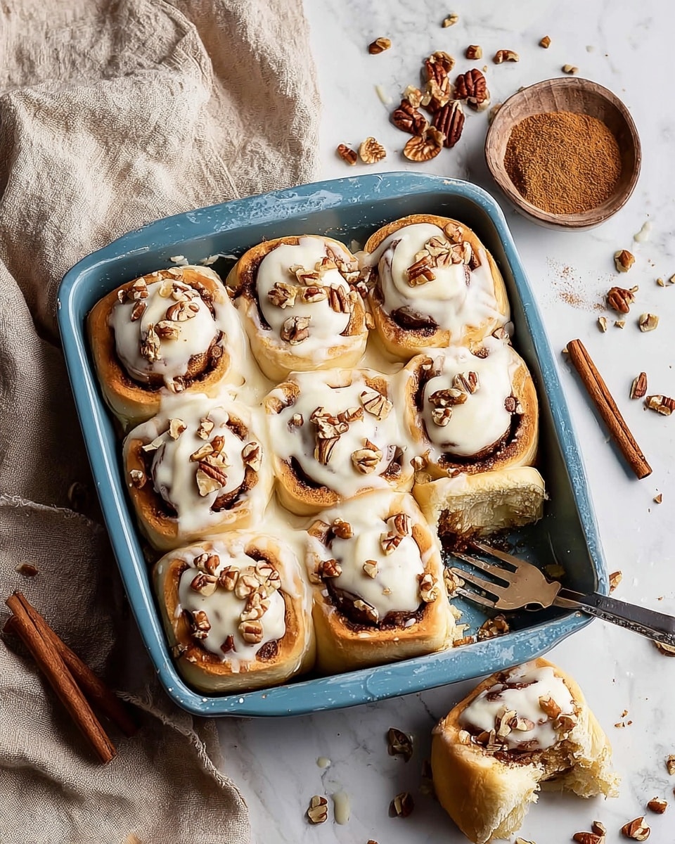 A bake with 12 cinnamon rolls arranged in a 3x4 pattern inside a blue baking pan, each roll showing soft light golden-brown dough spiraled with dark brown cinnamon filling, sprinkled with chopped pecans, topped with creamy white icing dolloped on the center of each roll; one cinnamon roll at the bottom right has a bite taken out, showing the soft, fluffy inside layers and some syrup-like cinnamon filling pooled at the bottom; a silver fork rests in the pan, leaning on the bitten roll; scattered cinnamon sticks and pecan pieces are around the pan, on a white marbled surface with a beige cloth draped on the left side and a small white bowl with brown cinnamon powder on the top right corner. photo taken with an iphone --ar 4:5 --v 7