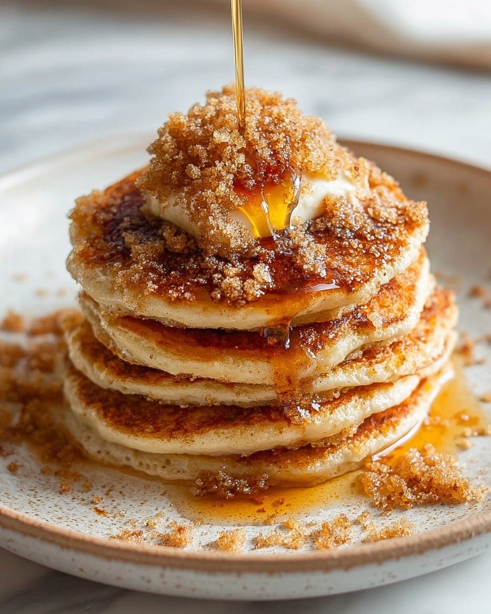 A stack of five golden brown pancakes sits on a white plate, each pancake showing a slightly crispy textured edge and soft, fluffy interior. The top pancake is covered with a small pat of melting butter and a generous layer of coarse brown sugar that adds a grainy texture. Amber syrup is being poured over the top, slowly drizzling down the sides and pooling on the plate, giving a shiny, sticky finish. Some brown sugar crystals are scattered around the plate. The background is softly blurred, showing a white marbled texture surface. photo taken with an iphone --ar 4:5 --v 7