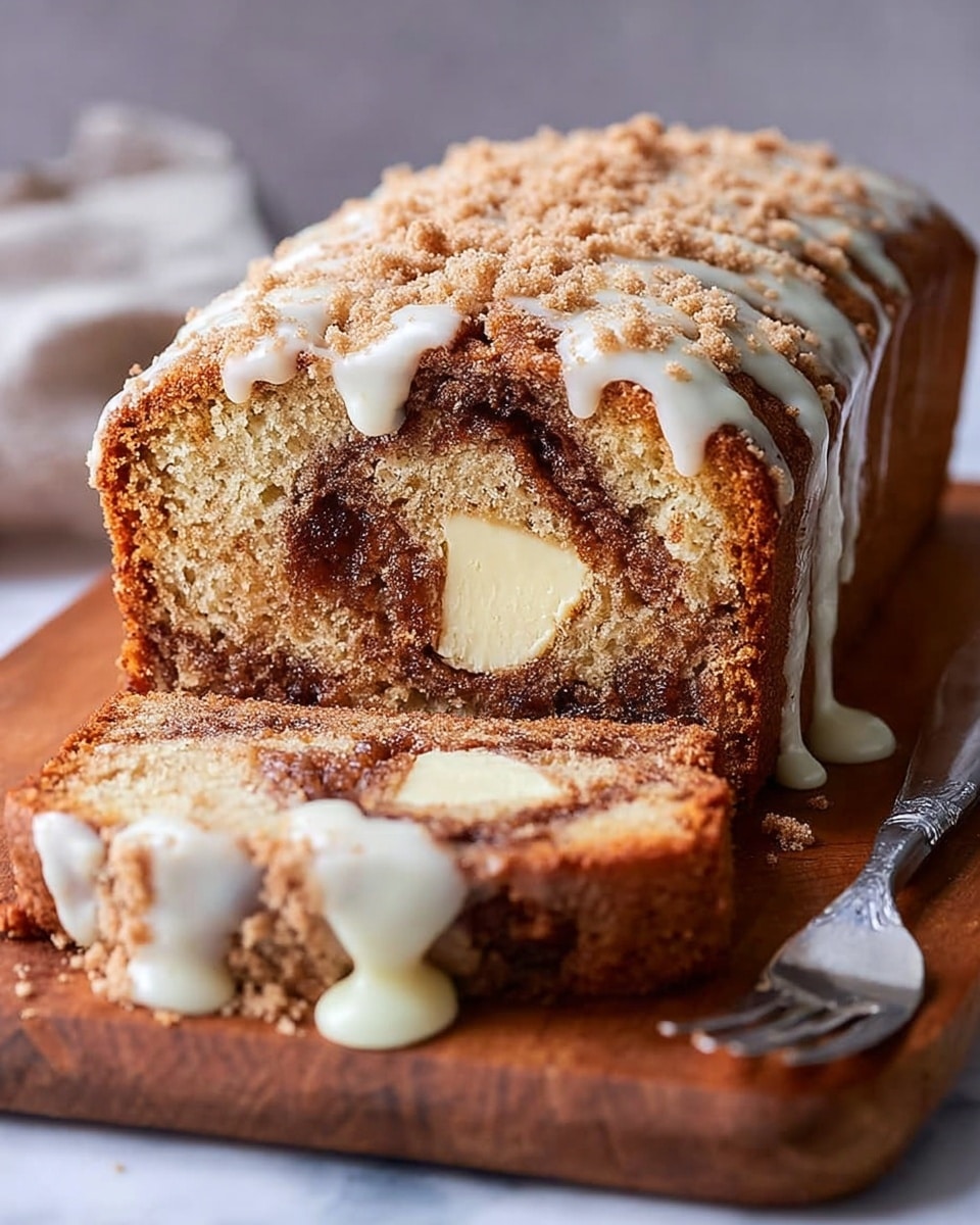 A sliced loaf cake is shown on a white marbled surface, with moist light brown cake layers mixed with darker brown swirls inside, and chunks of creamy white butter embedded in the center. The top of the loaf is covered with smooth, white icing that drips slightly down the sides and is sprinkled with small light brown crumb pieces. The texture of the cake looks soft and moist with a golden crust. A silver fork lies next to the loaf. photo taken with an iphone --ar 4:5 --v 7