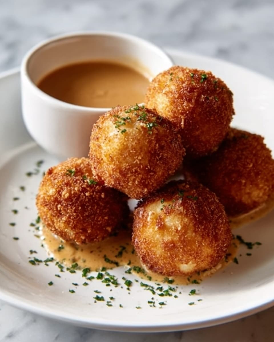 The image shows six round, golden-brown fried balls with a slightly crispy texture, placed on a white plate. The balls have a speckled, crunchy outside and look soft inside, with small green parsley bits sprinkled on top for color. To the side on the same plate, there is a small white bowl filled with light brown dipping sauce. The whole scene is set on a white marbled surface. photo taken with an iphone --ar 4:5 --v 7