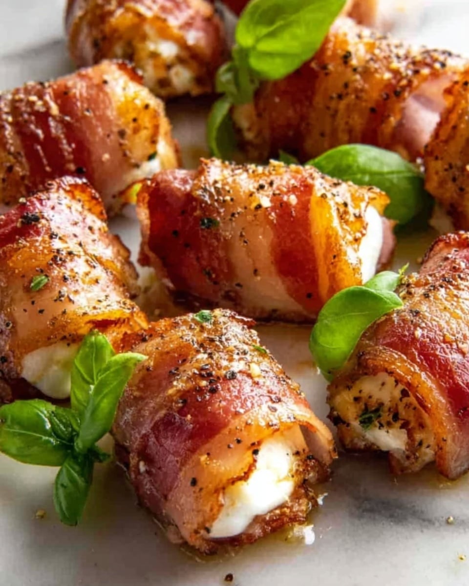 The image shows several bacon-wrapped cheese sticks placed closely in a white bowl. Each piece has two layers: a shiny, crispy dark reddish-brown bacon wrap tightly covering a smooth, creamy white cheese center. Small green basil leaves and black pepper are sprinkled on top, adding color and texture. The bowl sits on a white marbled surface. Photo taken with an iphone --ar 4:5 --v 7