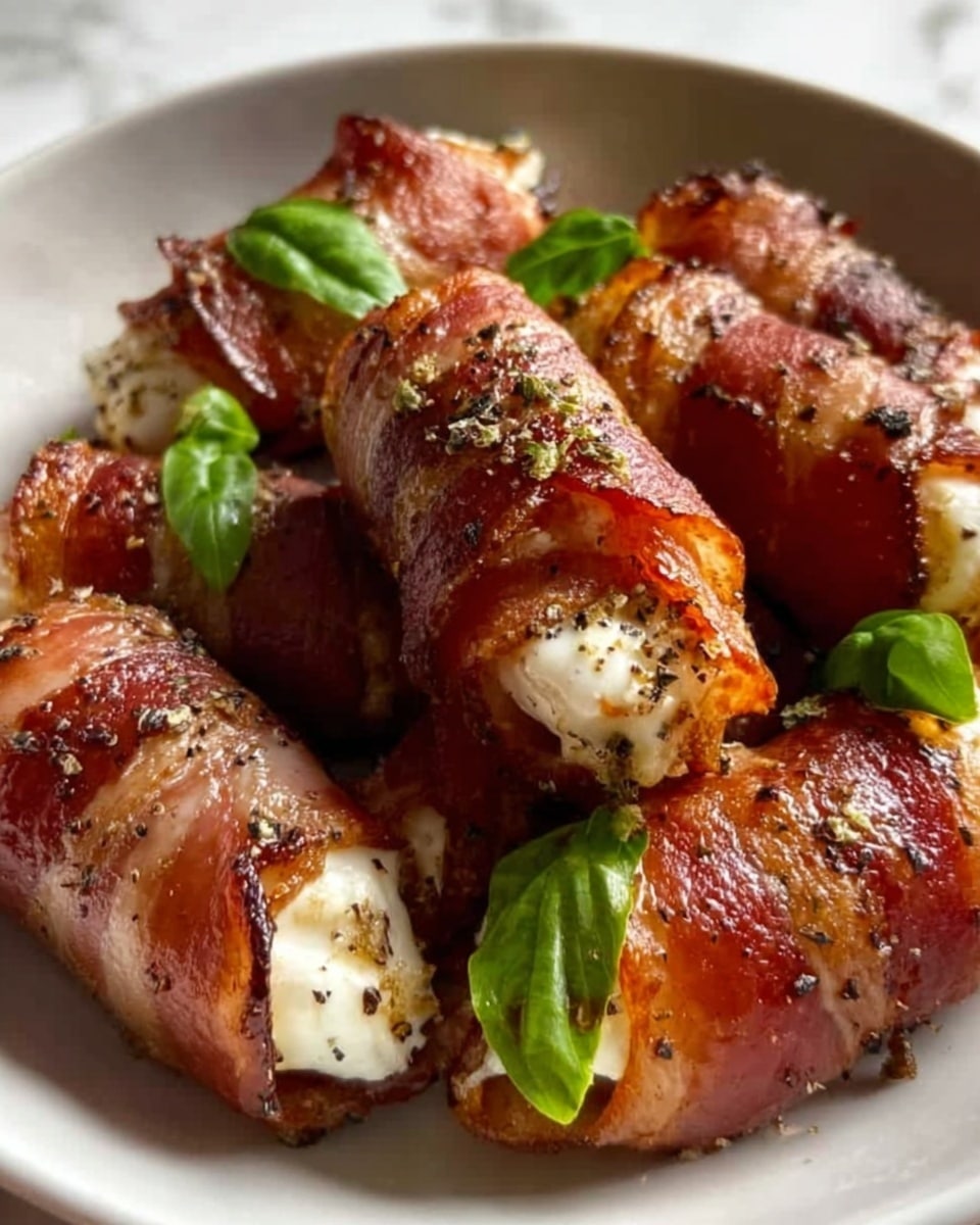 The image shows several pieces of food wrapped in crispy, golden-brown bacon with a slight char on the edges, arranged closely together. Each piece has a white, soft center that looks creamy and tender, peeking out from the bacon wrap. Small green basil leaves are placed on and around the wrapped items, adding bright pops of color. The bacon has a shiny, oily texture with visible black pepper and seasoning sprinkled on top. The scene is set on a white marbled surface, giving a clean and fresh backdrop to the warm, rich colors of the food. Photo taken with an iphone --ar 4:5 --v 7