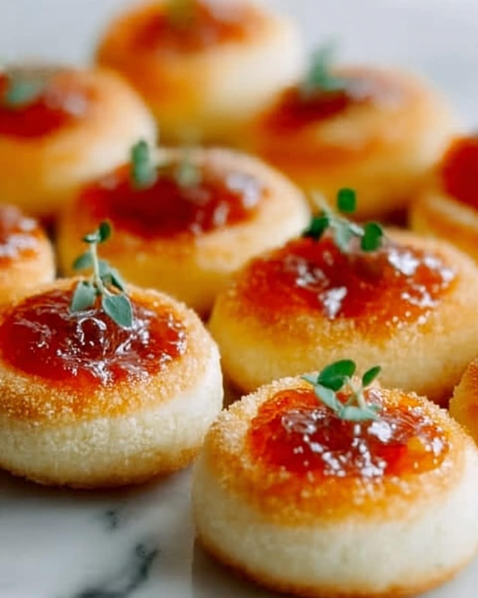 A close-up of several round, small pastries arranged on a white surface with a white marbled texture. Each pastry has two layers: a light golden-brown, flaky base with a soft, slightly crumbly texture, and a topping of glossy red jam that glistens under light. On top of the jam, a tiny green herb sprig is placed in the center, adding a touch of freshness and color contrast. The pastries are spaced in a way that the soft shadows give a sense of depth and warmth. Photo taken with an iphone --ar 4:5 --v 7