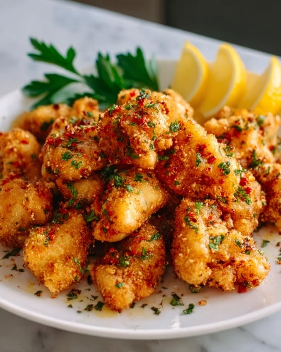 The image shows a white plate filled with golden-brown fried gnocchi that are crispy and sprinkled with green herbs and red pepper flakes. The gnocchi pieces are piled in the center, showing a mix of round and slightly curved shapes with a crunchy texture. Behind the gnocchi, there are two lemon slices and some fresh green parsley leaves for garnish. The plate sits on a white marbled surface, and the lighting highlights the crispy surface of the gnocchi, making them look warm and inviting. photo taken with an iphone --ar 4:5 --v 7