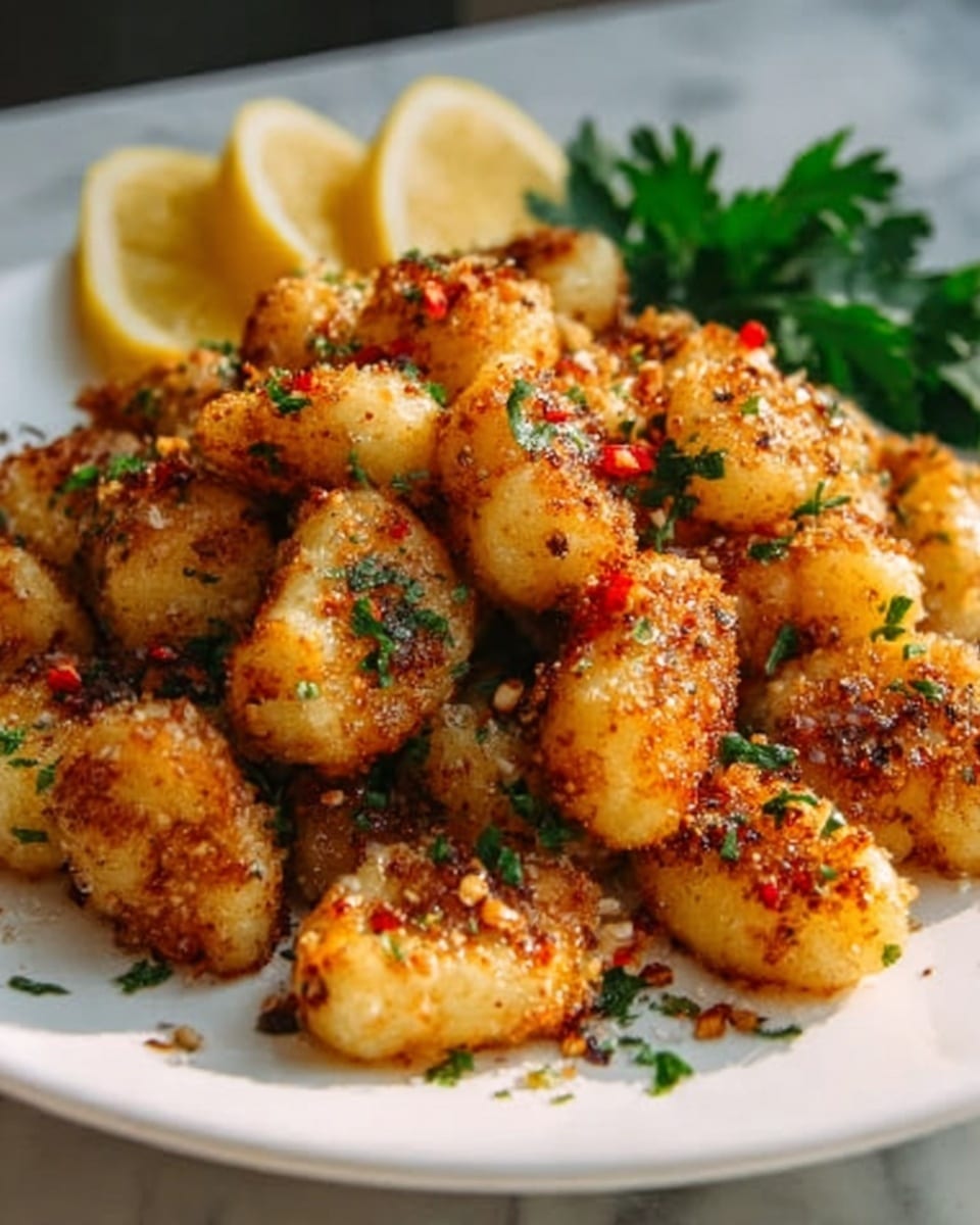 This image shows a white plate full of small, golden brown fried pieces that look crispy on the outside with a rough texture. The fried pieces are sprinkled with green herbs and tiny red flakes, adding color and a fresh touch. Behind the pile of fried pieces, two slices of lemon and a few green parsley leaves are placed for garnish. The plate sits on a white marbled surface, and the photo captures the warm, crispy details of the food with sharp focus. Photo taken with an iphone --ar 4:5 --v 7