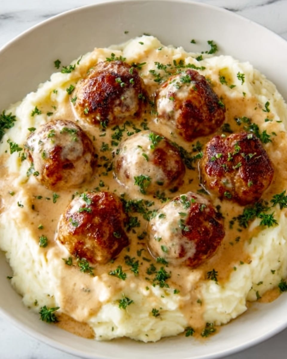 A dish with six browned meatballs covered in creamy sauce, placed on a bed of fluffy white mashed potatoes. The mashed potatoes form a thick, soft base with smooth texture, while the meatballs show a golden-brown crust with a slight char. Green herbs are sprinkled over the meatballs and sauce, adding a touch of freshness and color contrast. The dish sits on a white plate, with a white marbled surface visible around it. photo taken with an iphone --ar 4:5 --v 7