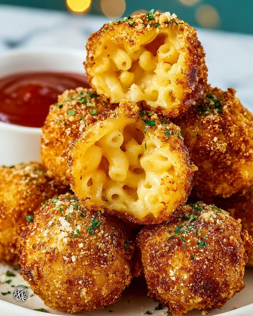 A close-up of several round macaroni and cheese balls, each with a golden-brown crispy outer layer speckled with breadcrumbs and finely chopped green herbs scattered on top. One ball is broken open in the center, revealing creamy, bright yellow macaroni pasta inside with a smooth, cheesy texture. In the background, a white dish with red dipping sauce is slightly visible, all placed on a surface with a white marbled texture. photo taken with an iphone --ar 4:5 --v 7