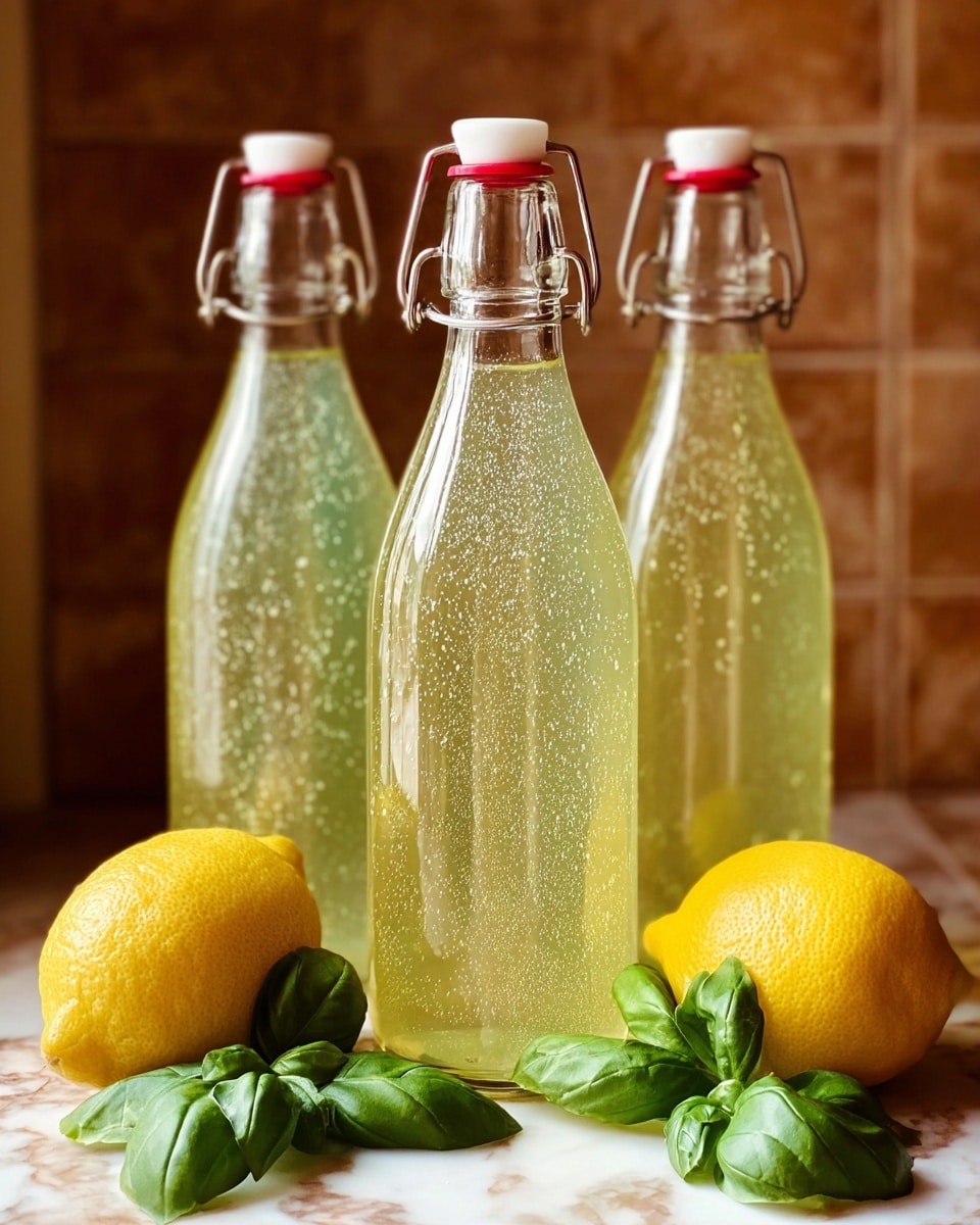 Three clear glass bottles filled with a light yellow-green fizzy liquid stand side by side on a wooden surface. Each bottle has a white and red clamp stopper. Two whole yellow lemons rest on the surface, one on each side of the bottles. Bright green basil leaves lay near the lemons, adding fresh color. The background shows a tiled wall with soft warm tones, but the surface below is changed to white marbled texture. Photo taken with an iphone --ar 4:5 --v 7
