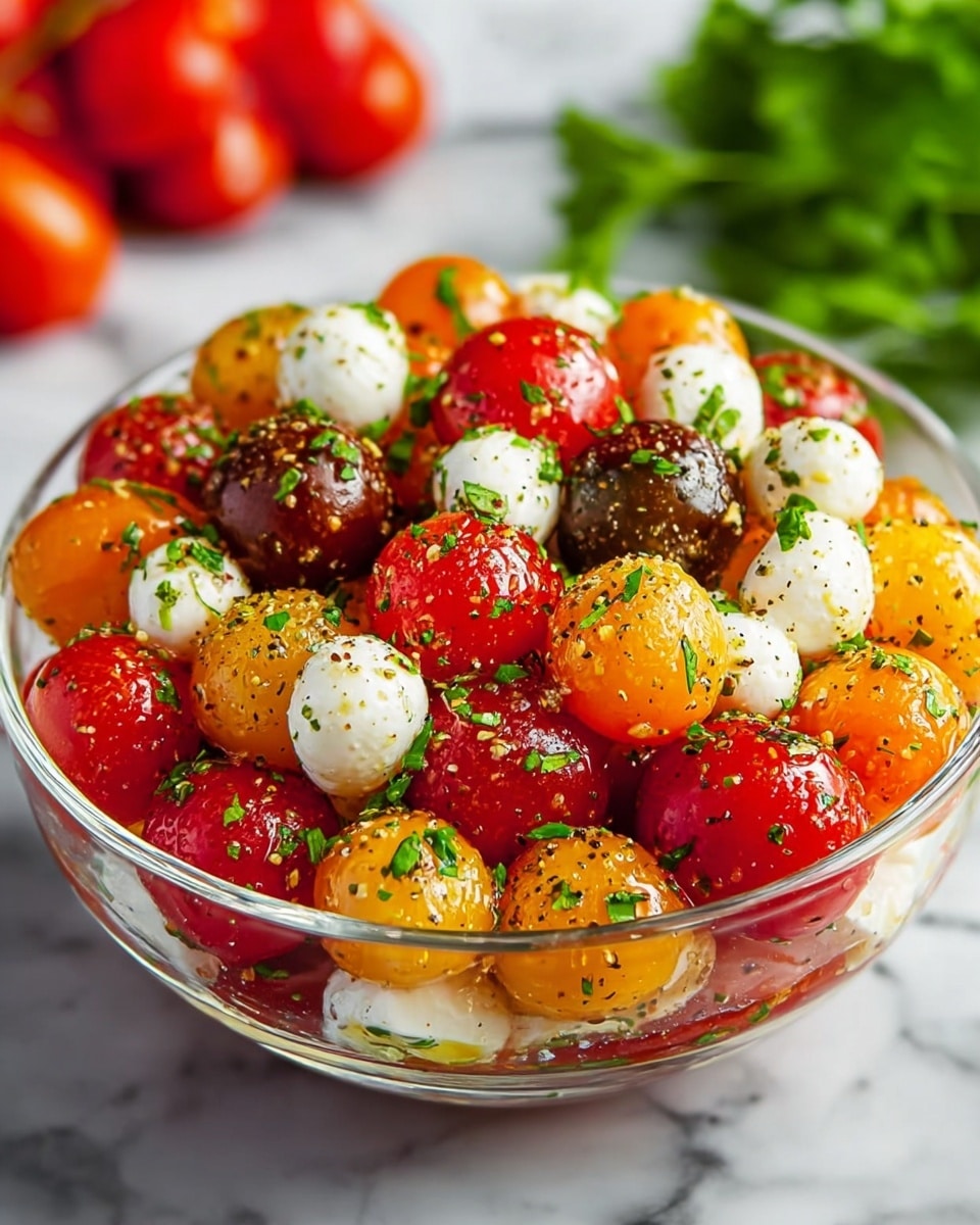 A clear glass bowl filled with a mix of small round cherry tomatoes in red, yellow, and dark purple colors, along with creamy white mozzarella balls. The ingredients are layered closely together, topped with finely chopped green herbs and sprinkled with black pepper and seasoning, giving a fresh and vibrant look. The bowl sits on a white marbled surface with blurred red tomatoes and green leaves in the background. photo taken with an iphone --ar 4:5 --v 7