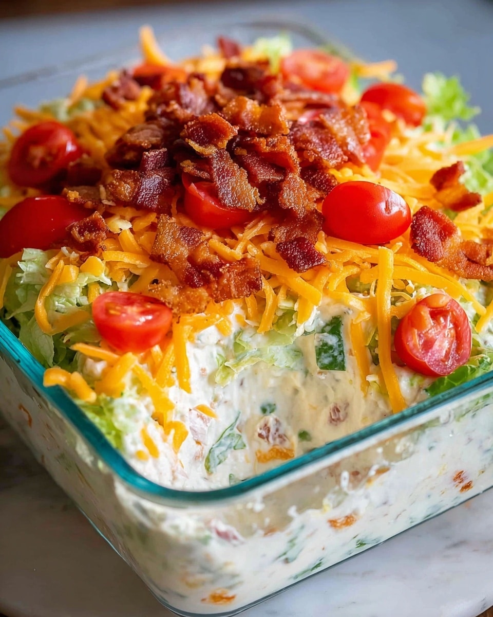 The image shows a clear glass square dish filled with a creamy layered dip placed on a white marbled surface. The bottom layer is a thick white creamy base mixed with small bits of bacon and green herbs, followed by a layer of shredded green lettuce. On top of the lettuce is a generous heap of bright orange shredded cheddar cheese. Scattered over the cheese are small, crispy dark brown bacon pieces and vibrant red tomato chunks, adding color contrast. A scoop has been taken out from the front edge, revealing the creamy and textured layers inside. The photo taken with an iphone --ar 4:5 --v 7