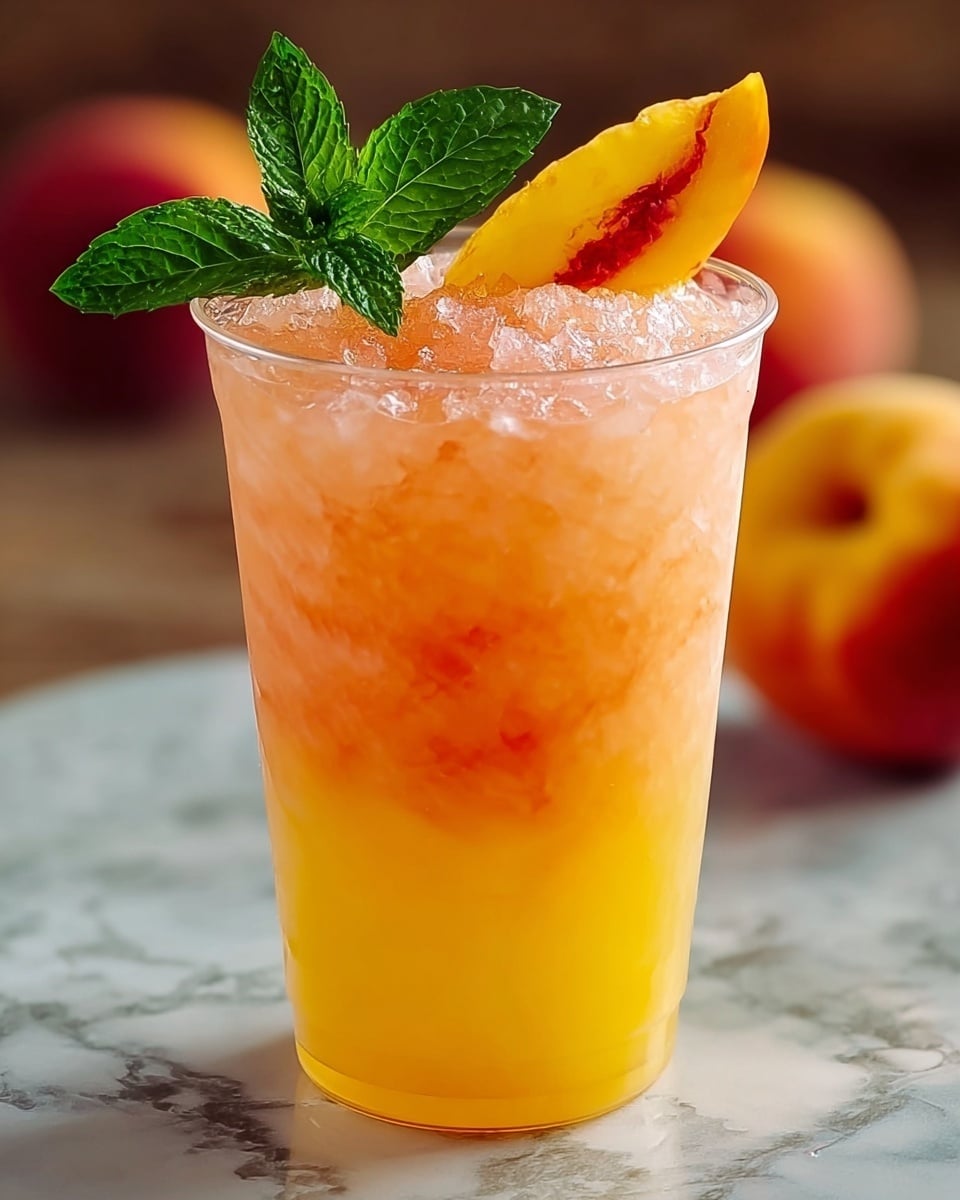 A clear plastic cup filled with a two-layered peach drink, the bottom layer is a bright yellow-orange with a smooth texture, while the top layer is a lighter orange-pink color filled with crushed ice that creates a frosty texture. On top, there is a fresh green mint sprig placed near a fresh peach slice with a bright yellow and red gradient. The cup sits on a wooden surface with blurred peaches in the background, all set against a white marbled texture. photo taken with an iphone --ar 4:5 --v 7