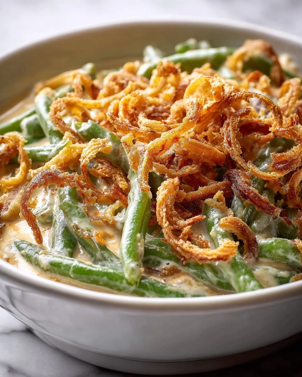 A white bowl filled with creamy green bean casserole shows bright green beans coated in a smooth, light beige cream sauce as the base layer. On top, there are thin, curly, crispy fried onions in golden brown and light orange shades, spread generously across the surface, adding texture and crunch. The creamy sauce peeks through the gaps, creating a rich, inviting look. The bowl is set against a white marbled texture background. Photo taken with an iphone --ar 4:5 --v 7