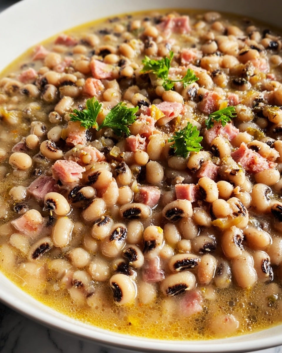 A close-up of a white bowl filled with a dish made mostly of cooked black-eyed peas, which are beige with black spots and soft texture. Intermixed with the peas are small pieces of reddish-brown ham, adding a richer color and slightly fibrous texture throughout. The broth is light brown and slightly oily, filling the bowl almost to the top with visible steam suggesting warmth. Small sprigs of fresh green parsley are scattered on top, adding a pop of bright color contrasting with the muted tones of the peas and ham. The bowl is set against a white marbled surface that softly reflects light, enhancing the dish's warm and homey feel. photo taken with an iphone --ar 4:5 --v 7