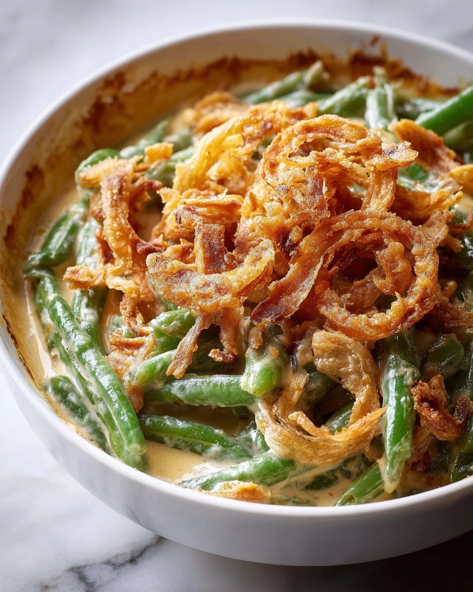 A white dish filled with three visible layers: the bottom layer is a creamy white sauce with a smooth texture that holds bright green whole green beans scattered throughout, the middle layer shows the green beans slightly covered in the creamy sauce that has some brown spots of baked cheese or seasoning around the edges, and the top layer is a generous amount of thin, crispy fried onion rings with a deep golden brown color and a crunchy texture scattered unevenly across the surface, all placed on a white marbled textured surface with some green parsley garnish nearby. photo taken with an iphone --ar 4:5 --v 7