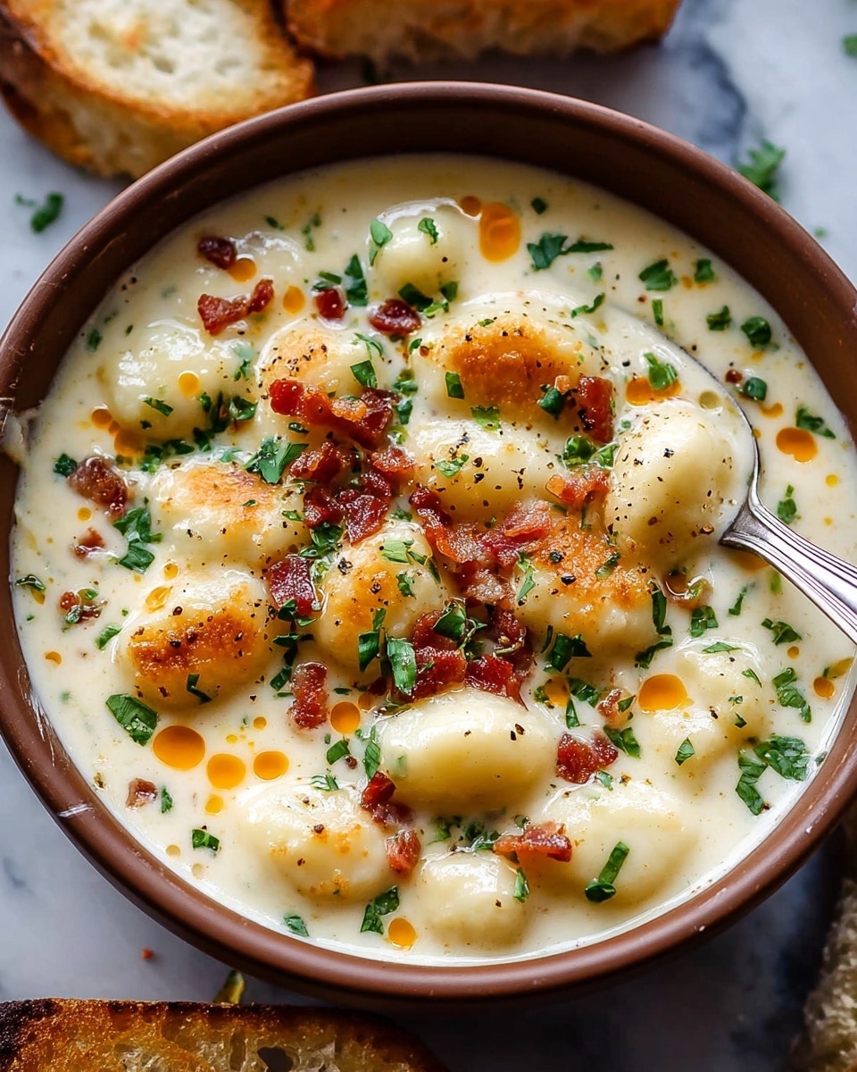 A close-up of a white bowl filled with creamy soup with soft, plump gnocchi pieces floating on top, each piece pale and slightly textured. The soup is light yellow, smooth, and thick with visible drops of orange oil and small red bacon bits scattered over the gnocchi. Bright green parsley leaves are sprinkled around, adding a fresh contrast. Black pepper is lightly dusted over the dish. A silver spoon is inserted in the bowl from the right side. In the background, slices of rustic bread with a crunchy brown crust rest on a white marbled surface. photo taken with an iphone --ar 4:5 --v 7