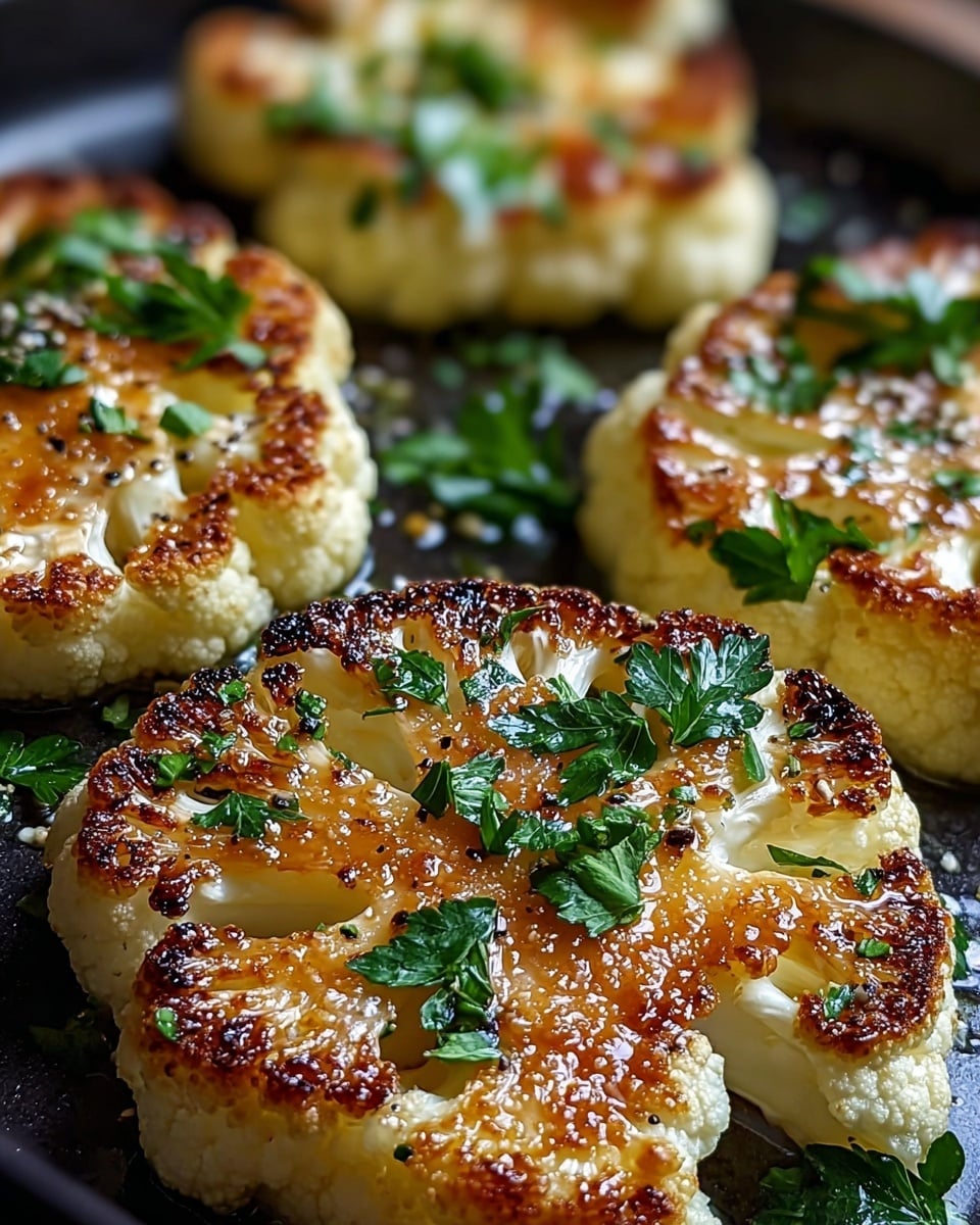 Four thick, round cauliflower steaks are shown on a black cooking tray. Each cauliflower steak has a golden-brown seared crust on the top surface, with small spots of deeper brown caramelization. The inside of the cauliflower remains white and slightly textured, showing the vegetable's natural pattern. Fresh green parsley leaves are scattered over the top of each steak, adding a fresh, vibrant contrast. There are small droplets of oil glistening on the surface, and some coarse black pepper is sprinkled over the dish. In the background, a woman's hand is slightly blurred, reaching toward the food. The whole scene is set against a white marbled texture. photo taken with an iphone --ar 4:5 --v 7