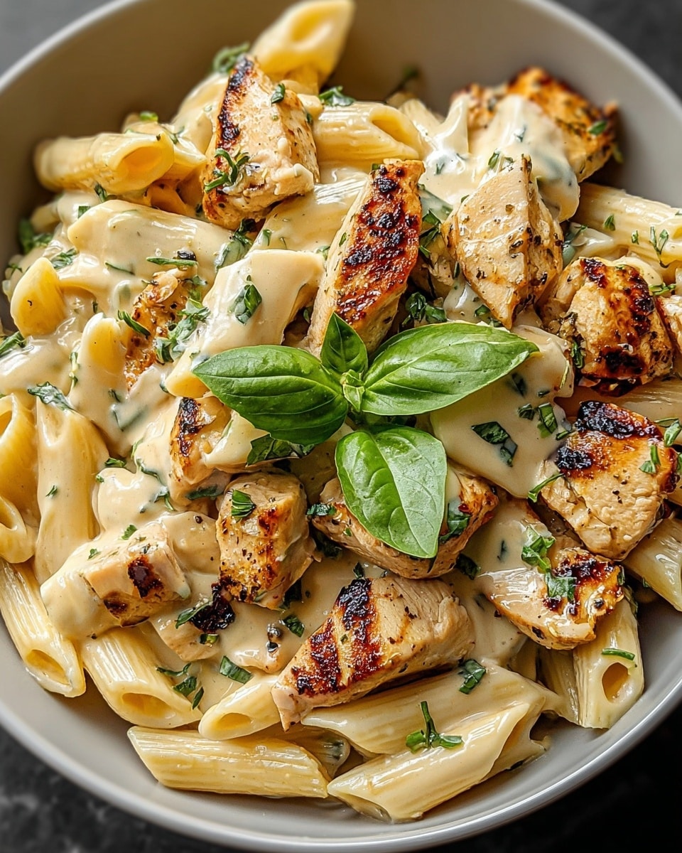 A white bowl filled with creamy pasta and grilled chicken pieces. The bottom layer is light yellow penne pasta coated in a smooth, creamy white sauce. On top, there are golden-brown grilled chicken chunks with a slightly charred texture. Scattered over the dish are small pieces of dark green basil leaves and some freshly cracked black pepper. Three whole bright green basil leaves sit in the middle as garnish. The bowl is set on a white marbled surface. photo taken with an iphone --ar 4:5 --v 7