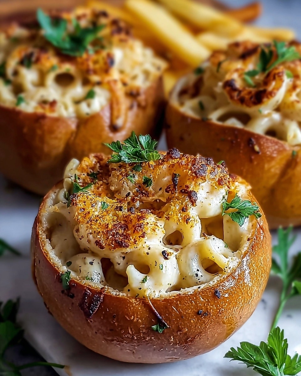 The image shows three bread bowls filled with layers of creamy, white sauce pasta mixed with browned, crispy pieces on top, creating a golden crust. The outer bread is light brown with a soft texture, slightly shiny and hollowed out to hold the filling. Each bowl is garnished with small green parsley leaves and sprinkled with a light dusting of grated cheese or crumbs. The bowls are placed on a wooden board with some fries visible on the right side, all set against a white marbled texture. photo taken with an iphone --ar 4:5 --v 7