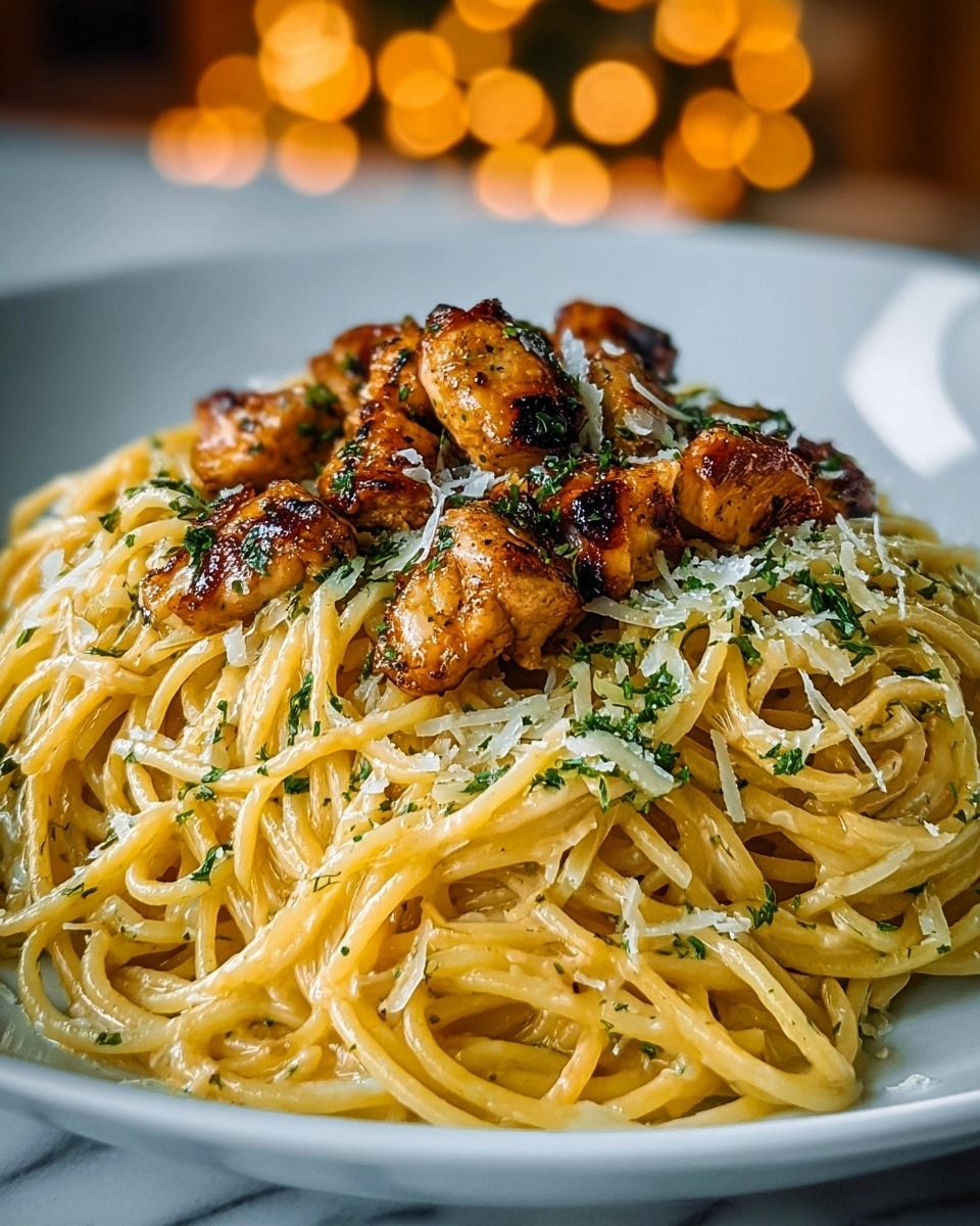 A white plate filled with two layers, the bottom layer is a nest of creamy yellow spaghetti coated lightly with sauce and tiny black pepper specks, and the top layer has small pieces of golden brown grilled chicken scattered evenly; the whole dish is sprinkled with finely chopped green herbs and a light dusting of grated white cheese, all set on a white marbled texture background. photo taken with an iphone --ar 4:5 --v 7