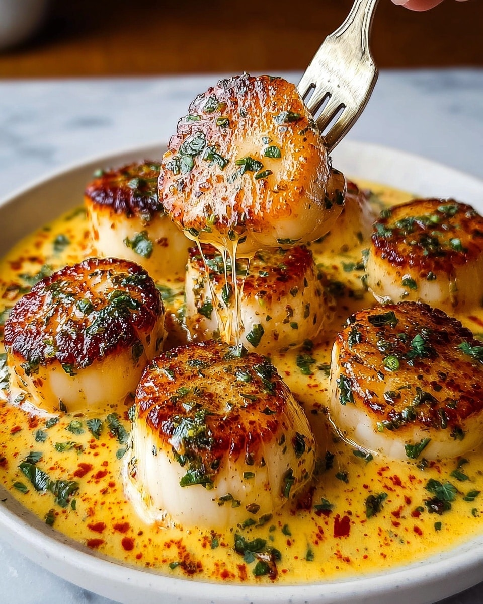 A close-up of a white plate holds six golden-brown scallops with a crisp, dark sear on top. The scallops are sitting in a creamy sauce with a light orange tint, sprinkled with finely chopped green herbs. One scallop is lifted by a fork, stretched with melted, creamy sauce dripping down and adding a glossy texture. The sauce coats the scallops, pooling slightly around them, with some herbs scattered on top and in the sauce. The plate is on a white marbled surface. photo taken with an iphone --ar 4:5 --v 7