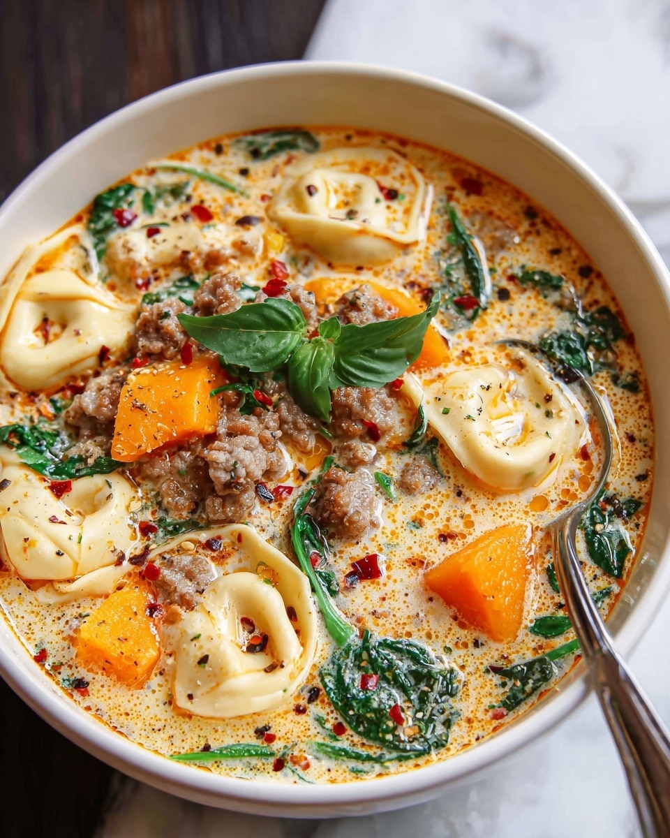 A white bowl filled with creamy soup showing several layers and colors: the base is a light orange broth with a smooth texture, floating on top are white tortellini pasta pieces with a soft, folded shape, bright orange chunks of butternut squash, green spinach leaves, and browned ground sausage pieces scattered evenly. The soup is sprinkled with red chili flakes and black pepper, and a small green sprig of herbs sits in the center. A metal spoon is partially dipped into the soup on the right side. The bowl is set on a white marbled surface. photo taken with an iphone --ar 4:5 --v 7