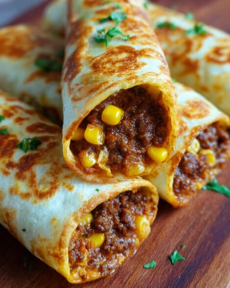 The image shows three rolled tortillas filled with a mixture of ground beef and small pieces of corn. The tortillas have a golden-brown, slightly crispy outside layer with some spots darker than others. The filling inside is rich brown with a soft, moist texture, contrasting with the smooth, light beige tortilla wrap. Some fresh green herbs are sprinkled on top and around the rolls, which are placed closely together on a wooden surface. A woman’s hand is gently holding the closest roll, showing the filling inside. The background is a white marbled texture. Photo taken with an iphone --ar 4:5 --v 7