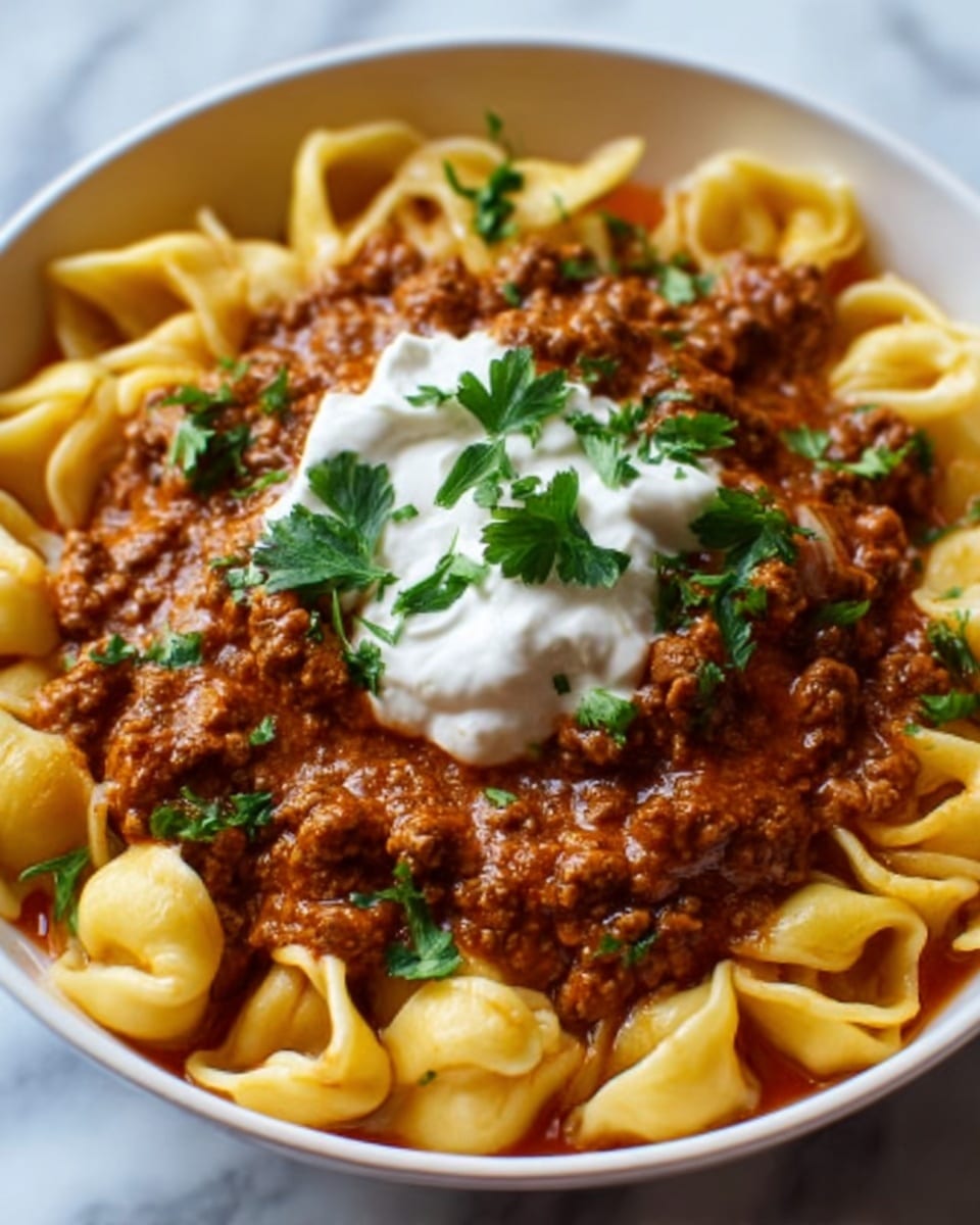 A white bowl filled with three layers of food: the bottom layer has yellow tortellini pasta, each piece soft and round with folded edges; the middle layer is rich brown meat sauce with visible chunks of ground beef spread evenly over the pasta; the top layer is a dollop of white sour cream placed in the center, garnished with bright green cilantro leaves scattered on the sour cream and meat sauce. The bowl is set on a white marbled texture background. Photo taken with an iphone --ar 4:5 --v 7