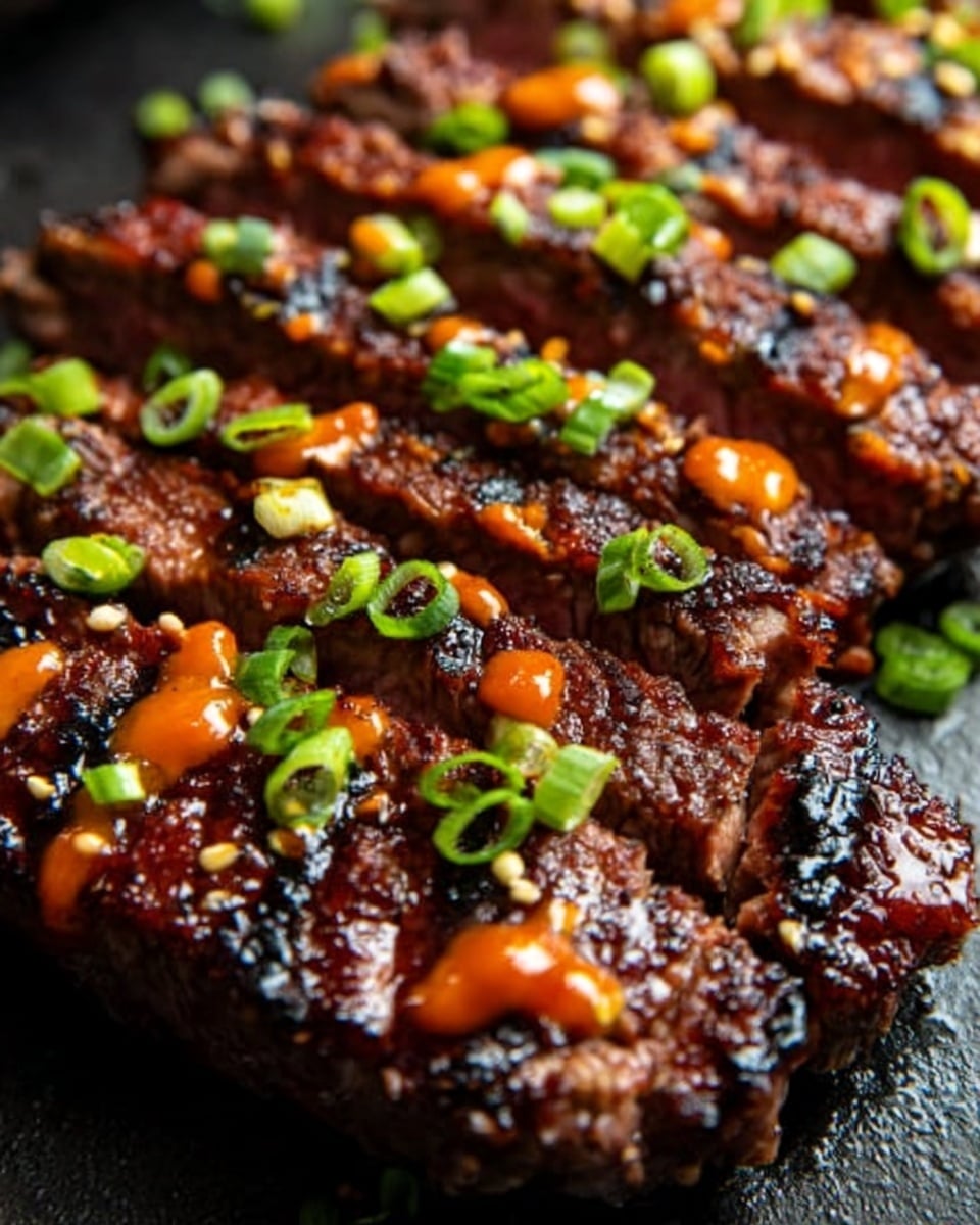 The image shows juicy slices of grilled meat, each slice thick with a dark brown, crispy outer layer and a moist, tender inside that looks slightly pinkish. The meat slices are arranged close together on a black tray, topped with small bright green pieces of chopped scallions and tiny drops of thick, orange sauce scattered over and between the slices. The texture of the meat surface is a mix of charred and juicy, with the glaze on top giving it a shiny look. The background has a white marbled texture. photo taken with an iphone --ar 4:5 --v 7