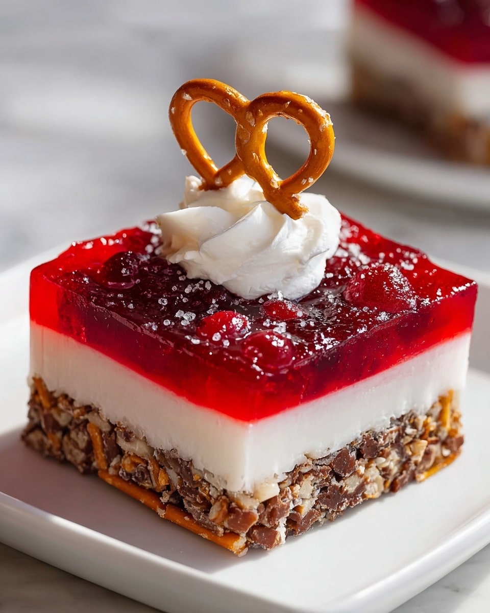 A square dessert bar with three clear layers is placed on a white plate on a white marbled surface. The bottom layer is a crunchy, mixed nut and pretzel crust with golden brown and tan colors. Above that is a thick, smooth white cream layer, evenly spread. The top layer is a shiny, bright red jelly with visible whole red berries inside. On top of the dessert sits a swirl of white whipped cream, topped with a single golden brown pretzel. Photo taken with an iphone --ar 4:5 --v 7
