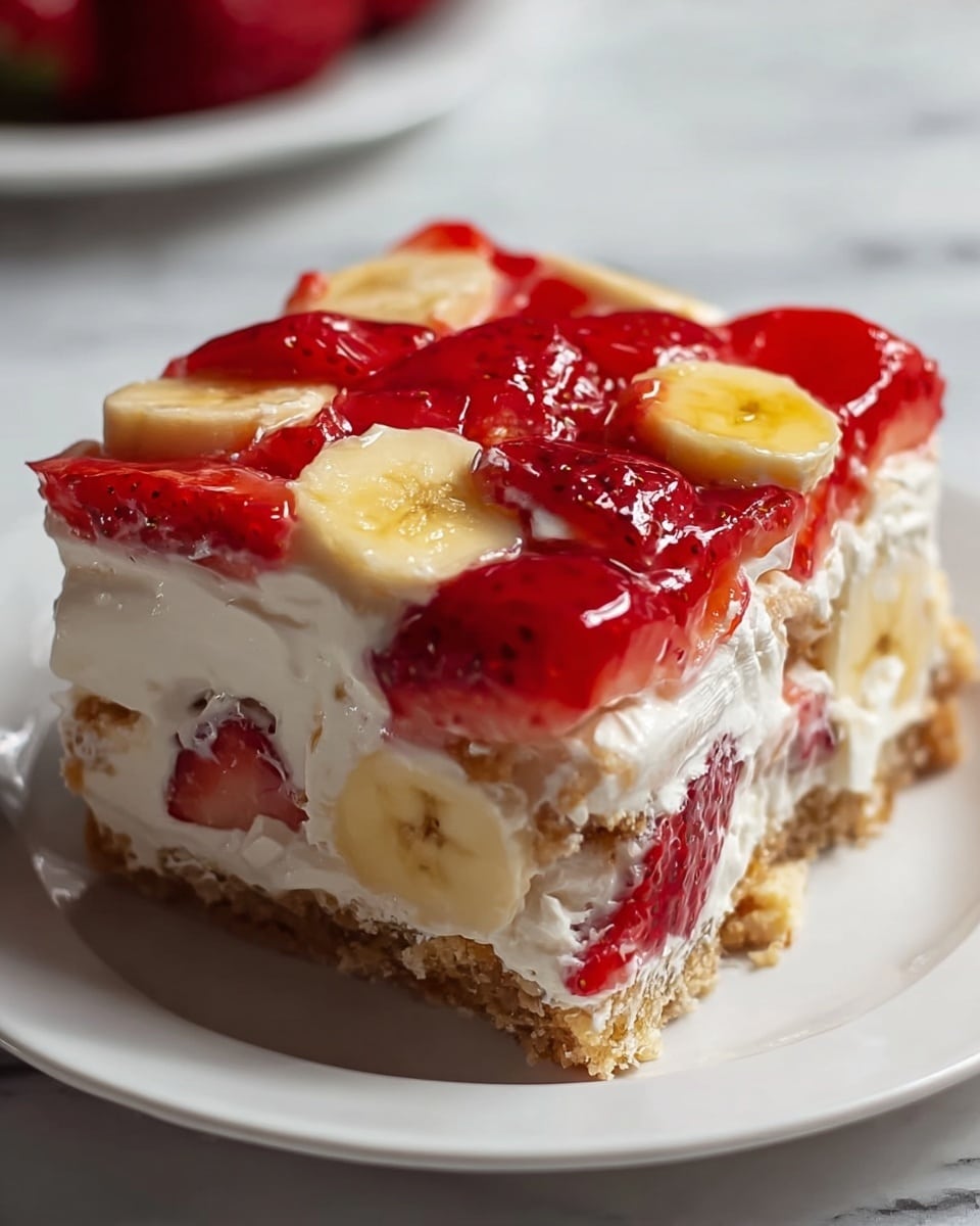 A square slice of fruit dessert with four visible layers sits on a white plate on a white marbled surface. The bottom layer is a light brown crumbly crust. Above it, there's a thick layer of white cream mixed with banana slices and red strawberry pieces embedded within. The next layer is a thick, smooth white cream spread evenly, with some strawberry and banana slices inside. The top layer is a glossy mixture of bright red strawberry slices and banana slices, coated with a shiny glaze. The overall texture looks soft and creamy with fresh fruit adding color and freshness. photo taken with an iphone --ar 4:5 --v 7