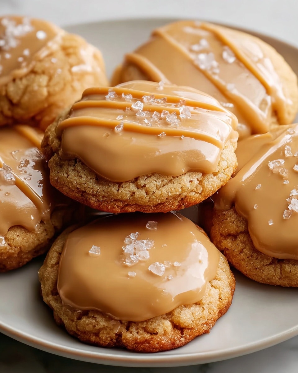 A close-up view of five soft, round cookies arranged on a white plate, each cookie showing a thick layer of smooth, light caramel-colored frosting on top that drips slightly over the edges. The cookies have a crumbly, golden-brown texture with visible cracks. Some coarse salt crystals are sprinkled on the creamy frosting, adding a bit of texture and shine. The background shows a warm, blurred setting with a white marbled surface beneath the plate. photo taken with an iphone --ar 4:5 --v 7