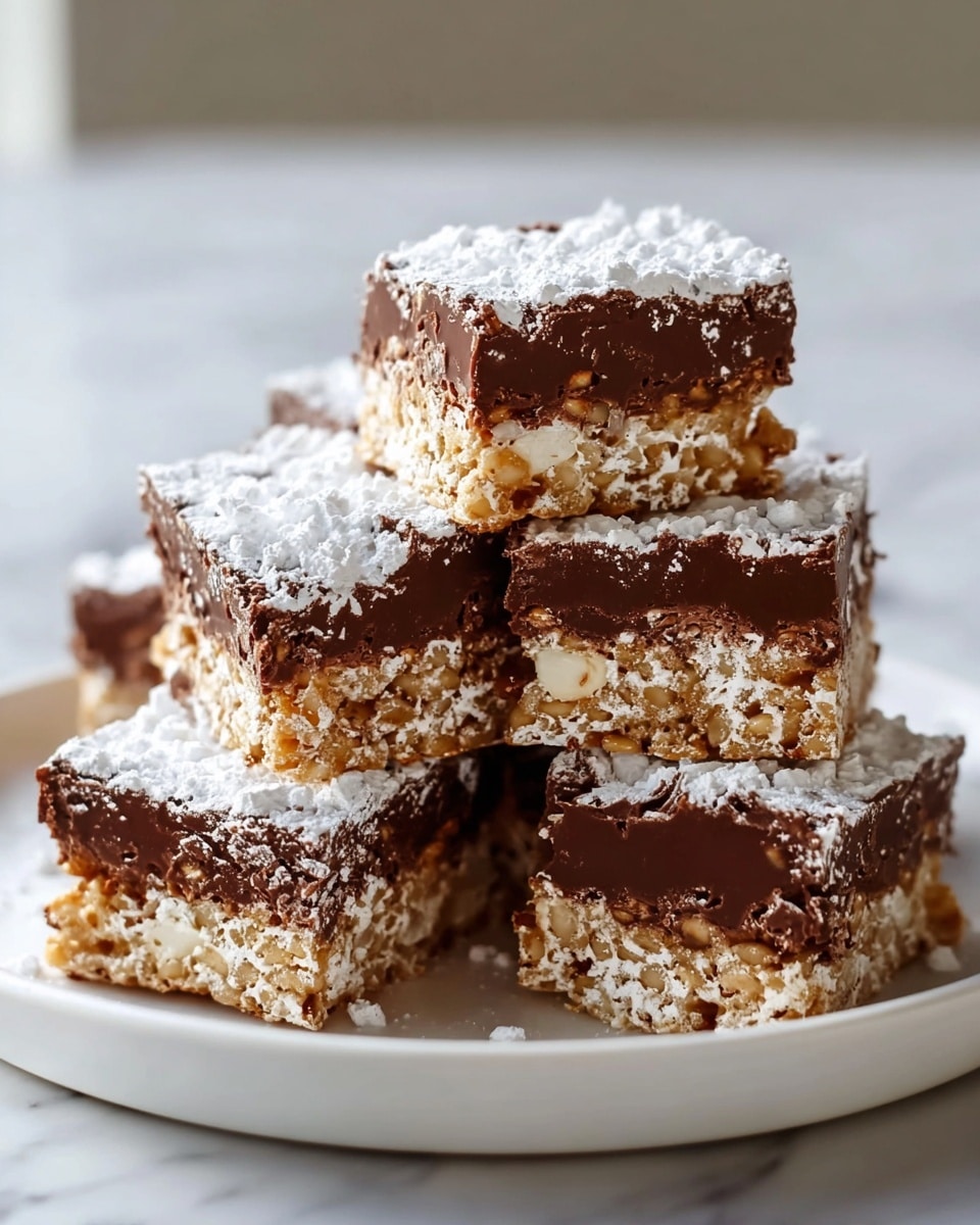 A close-up of a stack of five rectangular chocolate dessert bars with two visible layers, placed on a white plate. The bottom layer is a light tan, crispy base with puffed white pieces embedded throughout, showing a crunchy and airy texture. The top layer is a thick, smooth, and glossy dark brown chocolate that covers the crispy base and has some rough, uneven edges. Each bar is dusted lightly with white powdered sugar on top, adding a soft contrast to the chocolate. The white marbled surface is blurred in the background, highlighting the bars in sharp focus. photo taken with an iphone --ar 4:5 --v 7