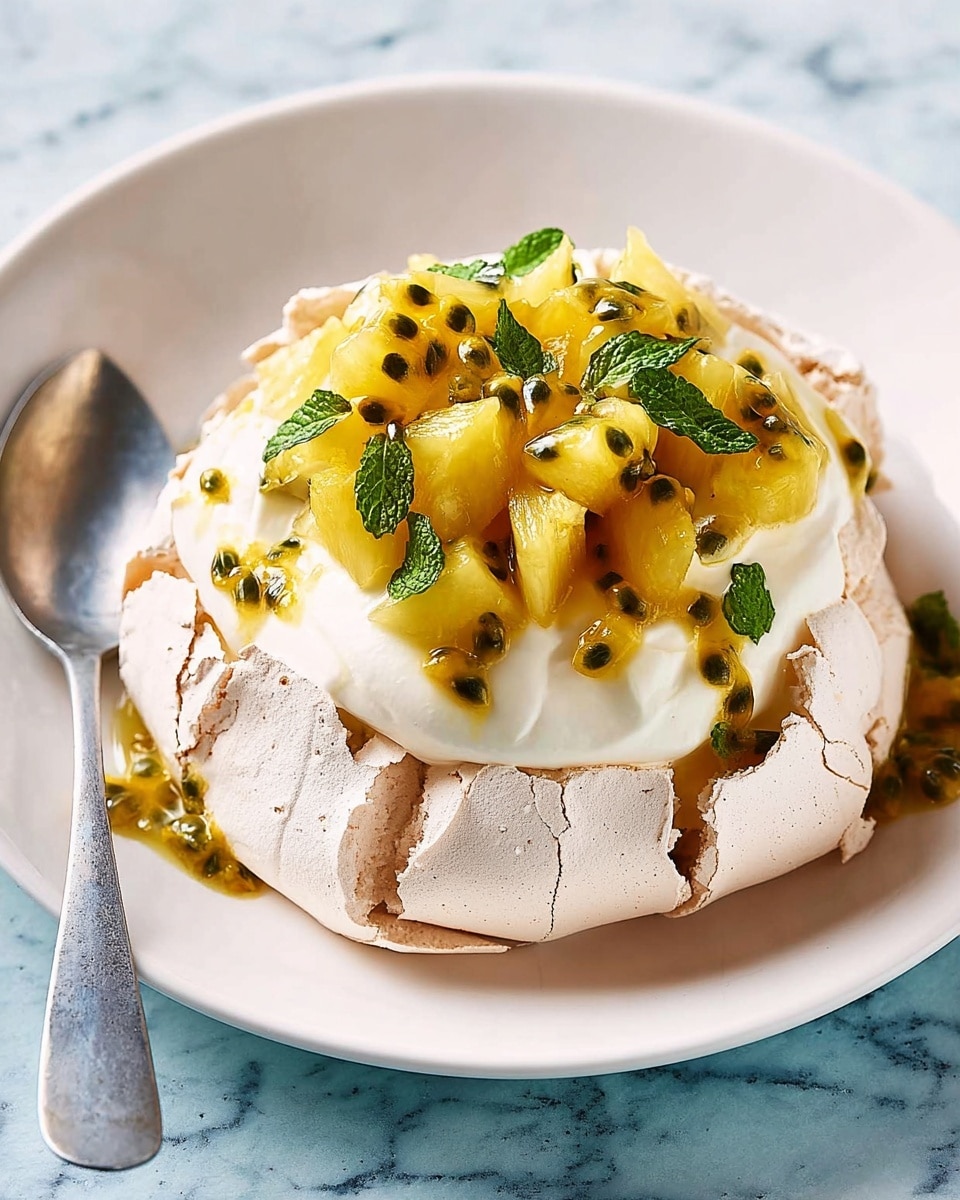 A dessert with three clear layers stands on a white plate over a white marbled surface: the bottom layer is a round, cracked, light beige meringue with a rough texture and slightly raised edges; the middle layer is smooth and creamy white whipped cream spread evenly inside the meringue; the top layer is made of small, bright yellow and green pieces of pineapple mixed with passion fruit seeds and pulp, garnished with thin strips of green mint leaves scattered on top and around the dessert. A shiny metal spoon rests on the left side of the plate. photo taken with an iphone --ar 4:5 --v 7