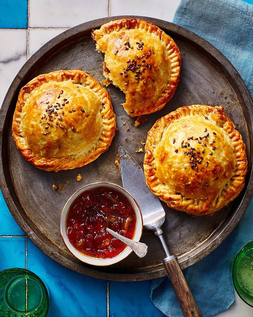 Three round, golden-brown pasties with crimped edges and sprinkled with caraway seeds sit spaced apart on a dark, ridged baking tray with some crumbs scattered around. A metal spatula slips underneath the pasty on the left. In the center of the tray is a small white bowl filled with chunky orange-red chutney, and a spoon rests inside it. The tray is set on a white marbled surface with bright blue tiles around the edges, and a folded blue cloth is visible in the top right corner. A glass of water with a green tint is at the bottom right. photo taken with an iphone --ar 4:5 --v 7