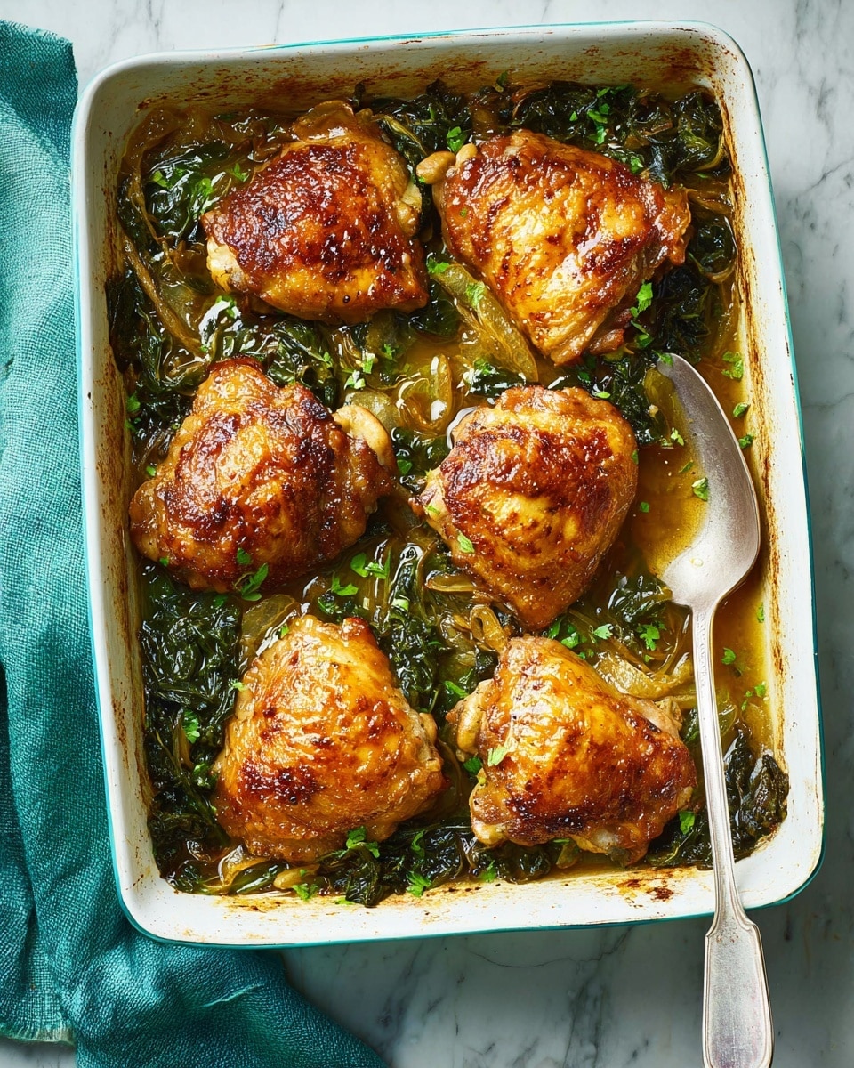 In a rectangular white baking dish, six pieces of golden-brown cooked chicken thighs are placed on top of a layer of cooked dark green leafy vegetables soaked in light brown broth. The chicken skin is crispy and textured with small charred spots. A silver serving fork rests inside the dish on the right side. The dish is set on a white marbled surface with a green cloth napkin partially visible on the left side. Photo taken with an iphone --ar 4:5 --v 7