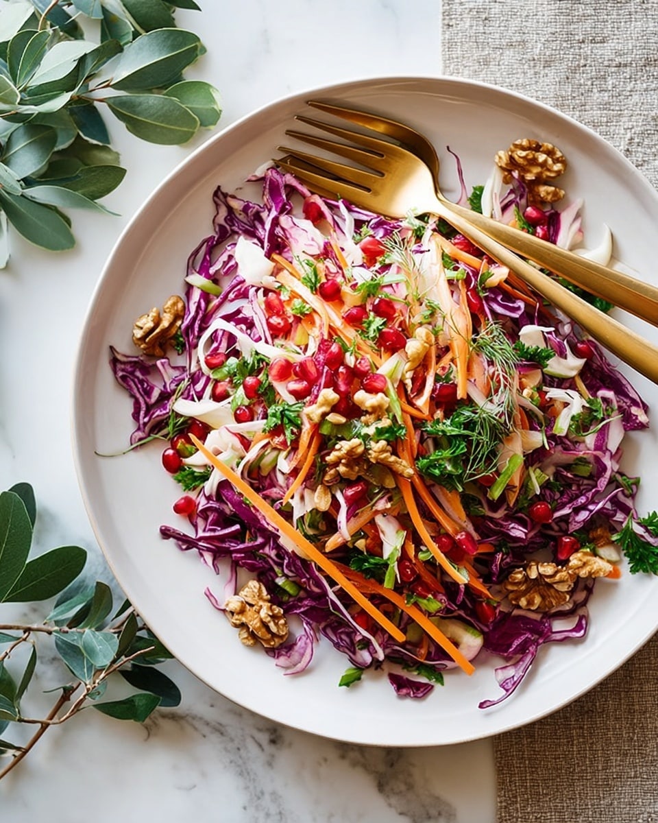 A white plate filled with a colorful salad showing several layers: at the bottom, thin strips of purple cabbage mixed with orange carrot sticks and pale slices of fennel; scattered throughout are bright red pomegranate seeds and chunks of light brown walnuts; fresh green parsley leaves are spread on top, adding a lively touch. Two golden utensils, a fork and spoon, rest on the top left edge of the plate. The plate sits on a white marbled surface with some green leaves and sprigs around it. photo taken with an iphone --ar 4:5 --v 7