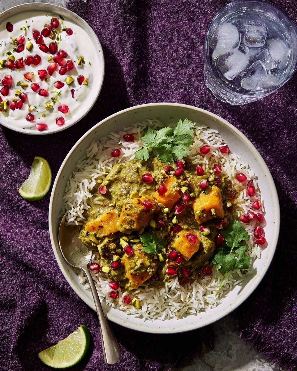 A white plate holds a layered dish starting with a base of long-grain white rice topped with a thick green curry containing orange chunks of cooked vegetables or meat pieces. On top, bright red pomegranate seeds and chopped pistachios are scattered, adding pops of color. Fresh green cilantro leaves are placed on the dish for garnish, and two lime wedges rest at the side of the plate. A silver spoon is placed inside the plate, ready for eating. Surrounding the plate, a small white bowl with a creamy white sauce garnished with pomegranate seeds and herbs sits on the left, and a glass of water with ice cubes is nearby. The setup rests on a textured white marbled surface covered with a deep purple cloth for contrast. photo taken with an iphone --ar 4:5 --v 7