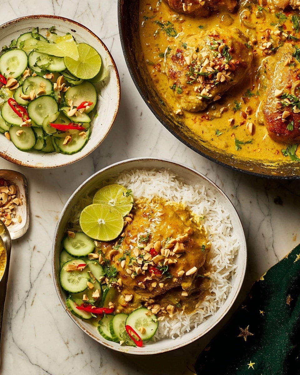 The image shows a white round plate filled with long-grain white rice as the base layer, topped with a thick, creamy golden yellow curry sauce that has a rich texture and is speckled with crushed nuts. On top of the curry sauce lies a browned chicken piece with a slightly crispy skin. To the right side of the chicken, there is a fresh cucumber salad layer made of bright green cucumber cubes mixed with thin slices of red chili and sprinkled green herbs. Above the plate, there is a large round pot filled with more of the same golden curry sauce and chicken pieces, also garnished with crushed nuts. Nearby, a small white ceramic bowl sits on a white marbled surface, containing more cucumber salad with visible cucumber chunks, red chili slices, and green herbs, accompanied by two lemon wedges placed on the side. The overall setting is on a white marbled surface. photo taken with an iphone --ar 4:5 --v 7