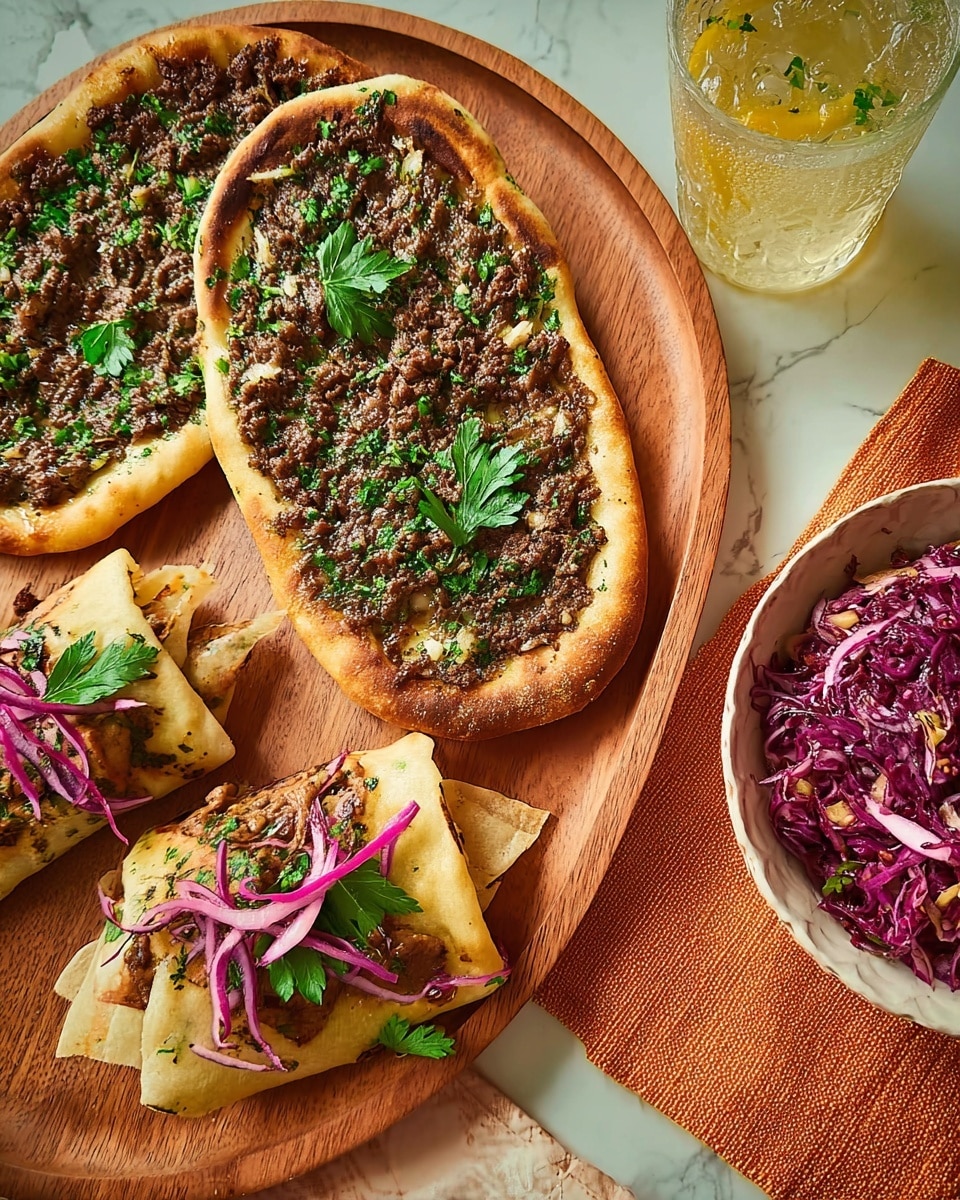 Two flatbreads with a golden brown crust are topped with a spread of finely ground cooked meat mixed with herbs, giving a textured, rich brown layer with green parsley scattered on top. Next to them are three folded flatbread wraps filled with similar meat and garnished with purple pickled cabbage and sprigs of parsley. A small bowl of vibrant purple pickled cabbage salad adds color contrast. The food rests on a wooden serving board over a yellow cloth, beside a glass of a light green drink with bubbles. The background is a white marbled surface. Photo taken with an iphone --ar 4:5 --v 7