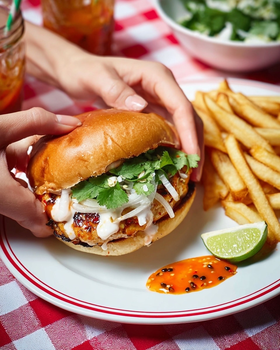 A white plate with a red rim holds a sandwich and fries, set on a white marbled texture covered with a red and white checkered cloth. The sandwich has a soft, golden-brown bun, with two grilled chicken patties stacked inside. On the patties, there is a layer of green leafy cilantro mixed with thin white onion slices and small red chili pieces. Below the patties, a mix of white and orange sauces spread on the bun appear creamy and slightly runny. The fries are golden-brown and thick-cut, placed beside two lime wedges. A small pile of orange sauce is on the plate near the fries. Two woman's hands are holding the sandwich from both sides. In the background, there is a white bowl with fresh green salad and onion slices, and a glass jar with red sauce. Photo taken with an iphone --ar 4:5 --v 7