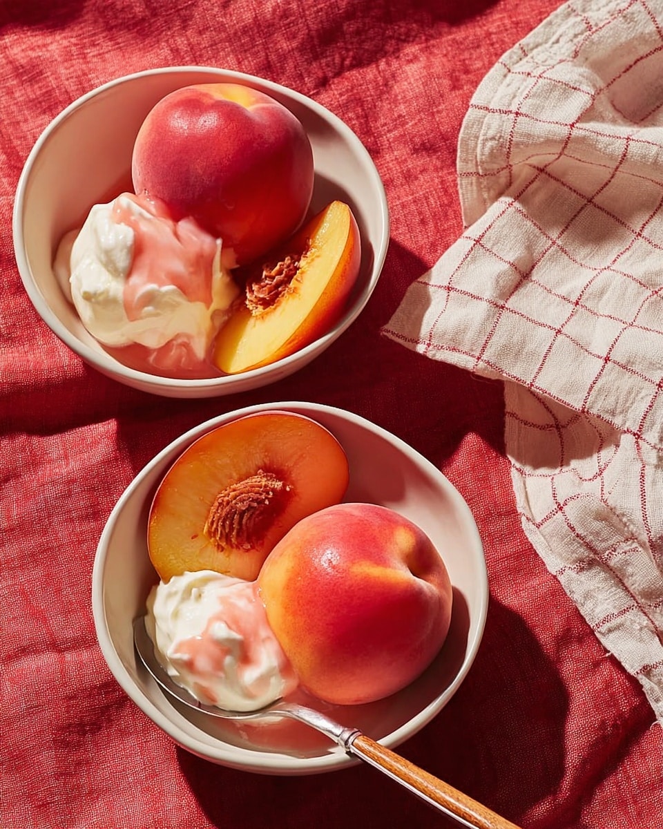 Two white bowls are shown on a white marbled surface covered partially by a reddish textured cloth and a red and white checked cloth. Each bowl has two peach halves, one whole-shaped and shiny pinkish-orange with smooth skin, and one cut half showing soft light yellow flesh and a hollow center where the pit used to be. Both bowls have a dollop of white whipped cream with a bit of pink syrup on top, placed near the peach halves. One bowl has a metal spoon with a wooden handle resting inside, positioned on the right side of the bowl. The sunlight makes the peaches look shiny and fresh. photo taken with an iphone --ar 4:5 --v 7