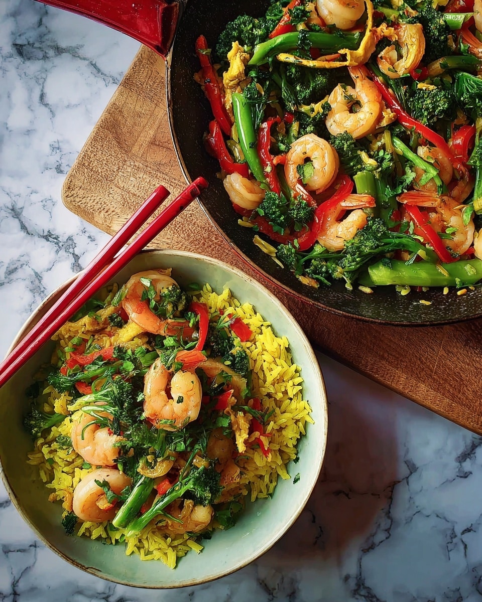 The image shows a white bowl filled with three main layers: the bottom layer is bright yellow rice, the middle layer has green vegetable stalks and tender green broccoli florets, and the top layer is laid with pink cooked shrimp and thin slices of red bell pepper, garnished with chopped herbs. Next to it is a large pan filled mostly with shrimp, green vegetable stalks, and red bell pepper slices, all cooked and mixed together with some herbs on top. Two red chopsticks rest across the bowl on the left side. The bowl and pan sit on a white marbled surface. Photo taken with an iphone --ar 4:5 --v 7
