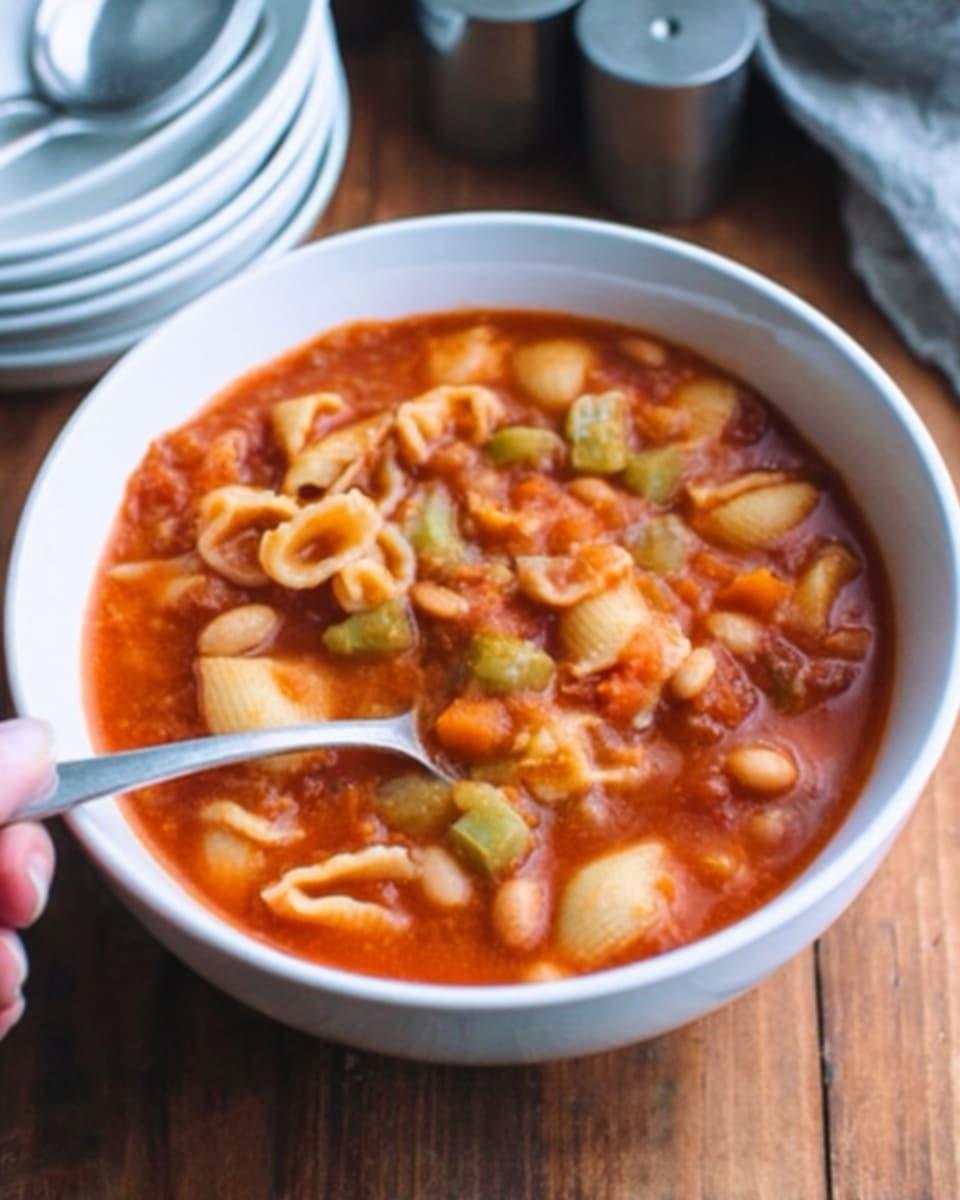 A white bowl filled with thick, chunky tomato soup with visible pieces of small pasta, beans, and slices of sausage in a rich red-orange broth. Several large white beans float on top, adding a soft cream color contrast. A spoon rests inside the bowl, held by a woman's hand at the edge, with the bowl placed on a wooden surface. The background shows blurred stacked dishes and metal pots, but all elements are softened by the white marbled texture background. photo taken with an iphone --ar 4:5 --v 7