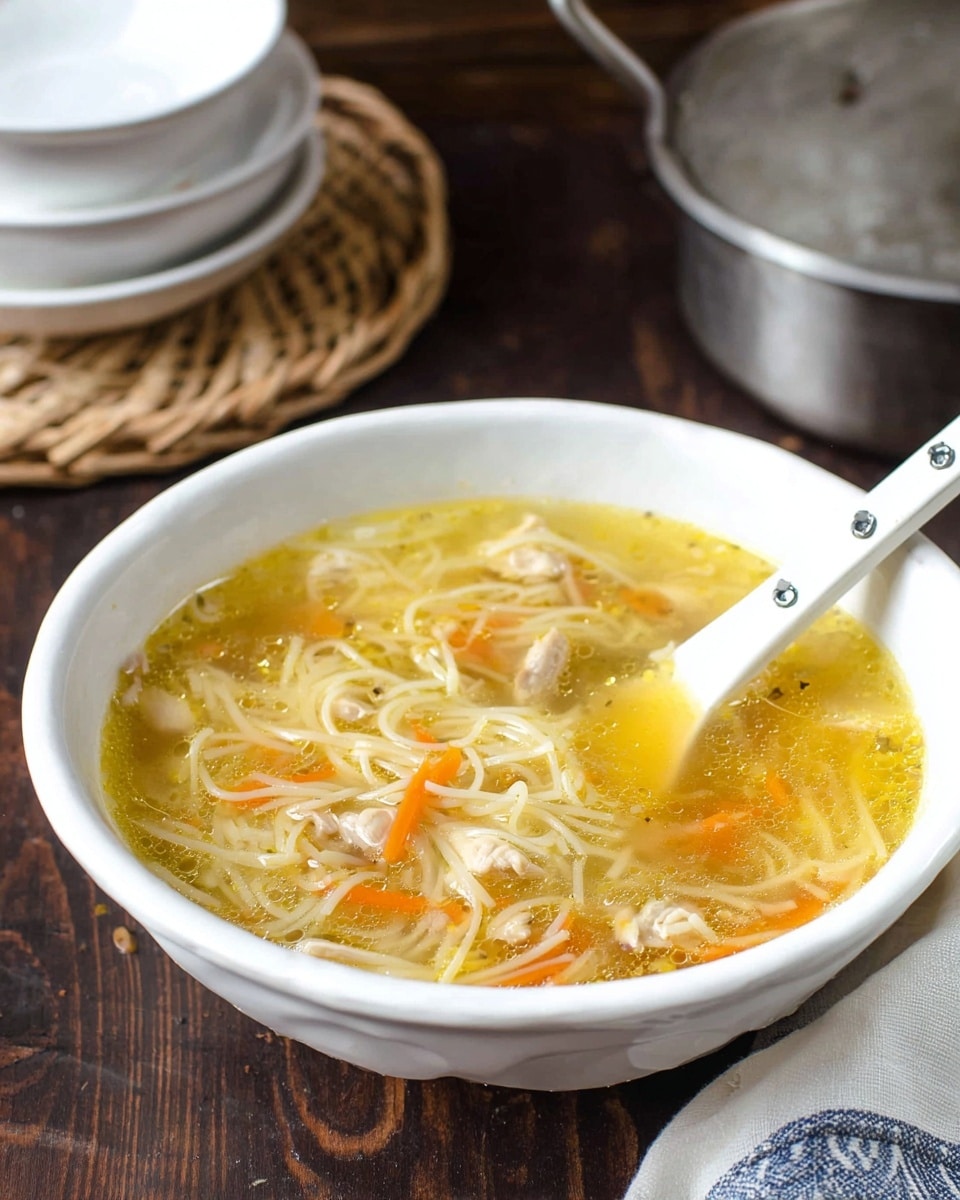 A white bowl filled with clear yellow broth soup, showing thin white noodles, small chunks of light brown chicken, thin orange carrot strips, and translucent onion pieces floating on the surface. A white spoon with metallic rivets rests inside the bowl. The bowl is set on a dark wooden table next to a stack of white bowls and a woven light brown mat with a metal pot on it. A part of a white cloth with blue stripes is seen at the bottom right. The background surface has a white marbled texture. photo taken with an iphone --ar 4:5 --v 7