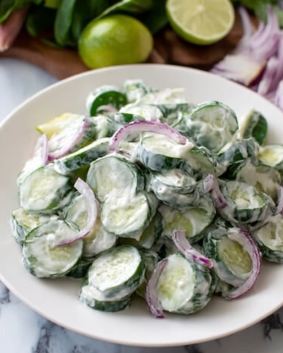 A white plate filled with a creamy cucumber salad sits on a white marbled surface. The salad has several layers of sliced cucumbers, coated thickly in a white creamy dressing. Thin slices of light purple onion are mixed evenly throughout, adding a slight touch of color. Small green lime wedges are scattered on top and around the edges for garnish. In the background, some whole limes, sliced onions, and herbs are slightly blurred. Photo taken with an iphone --ar 4:5 --v 7