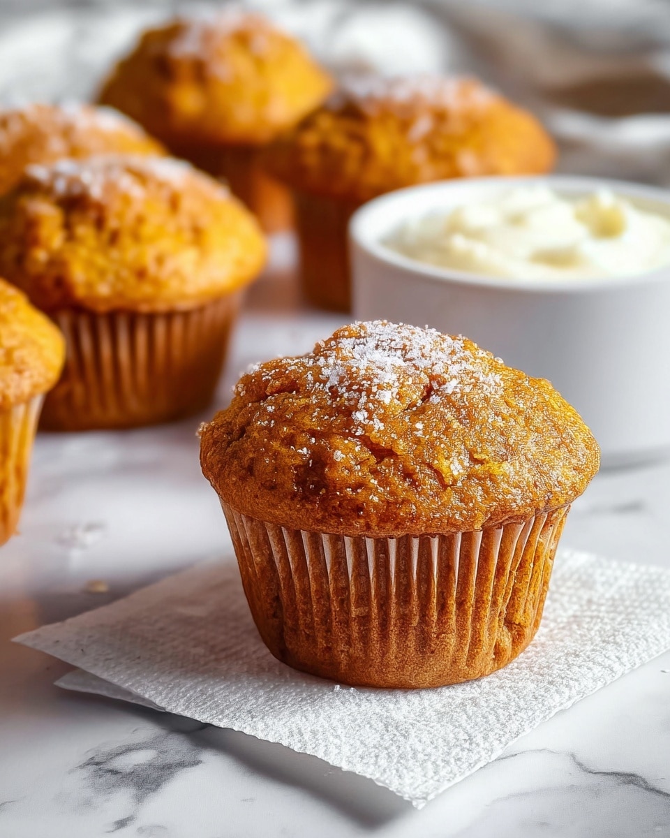 The image shows six golden-brown muffins with a textured, slightly cracked top that looks soft and moist. They are placed on white parchment paper on a white marbled surface. The muffins are in brown paper liners with visible ridges, and the one in the foreground is in sharp focus with a small dusting of white flour or powdered sugar on top. The muffins in the background are slightly blurred, giving depth to the image. Behind the muffins, there is a white bowl with a pale cream-colored substance, softly out of focus. Photo taken with an iphone --ar 4:5 --v 7
