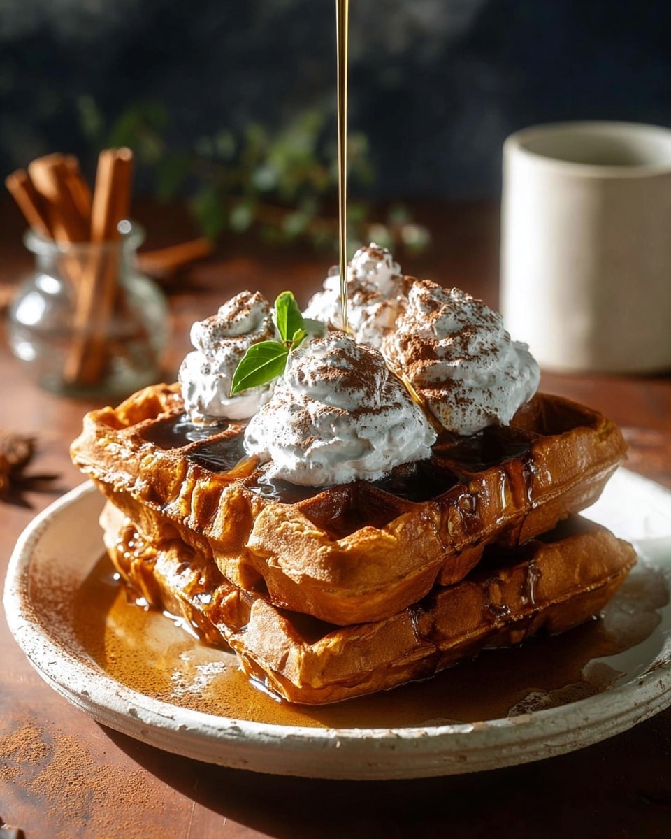 A stack of three thick, golden brown waffles sits in the center of a round white plate. The waffles have a crispy texture with deep square pockets. On top of the stack, dollops of white whipped cream are dusted with light brown powder, alongside a small sprig of green herb. Dark amber syrup is being poured from above, flowing down the sides of the waffles and pooling slightly on the plate. The plate rests on a white marbled surface, with a blurred background that includes a white mug and another waffle out of focus. photo taken with an iphone --ar 4:5 --v 7